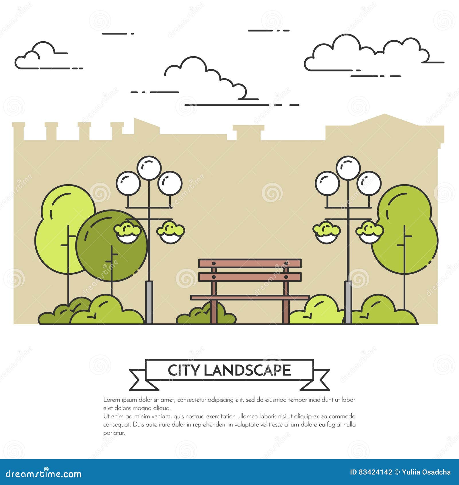 Stadslandskapet med bänken, lampor parkerar offentligt linjen konst. Stadslandskapet med bänken, lampor parkerar offentligt också vektor för coreldrawillustration Plan linje konst Begrepp för byggande som inhyser, fastighetmarknad, arkitekturdesign, egenskapsinvesteringreklamblad, baner, kort
