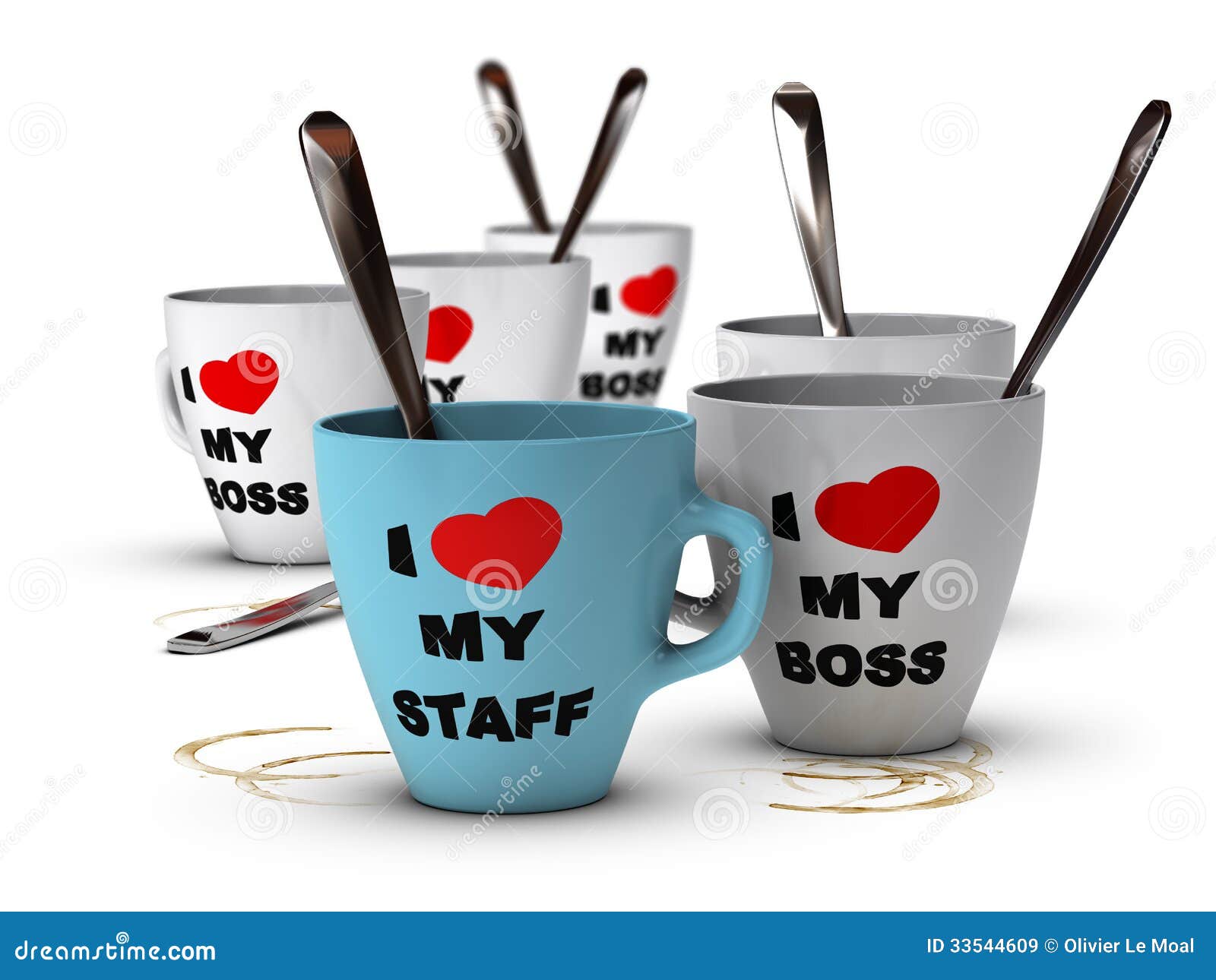 Many mugs where it is written I love my staff and my boss, symbol of 