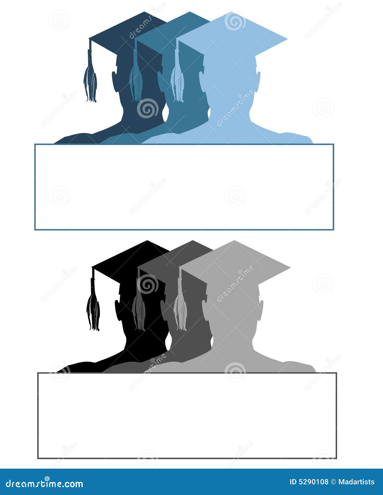 Staffelung-Hut-Zeichen oder Kennsätze. Eine Abbildung, die Ihre Wahl von 2 Staffelungschattenbildzeichen oder -kennsätzen in den blauen und Schwarzweiss-Tönen kennzeichnet
