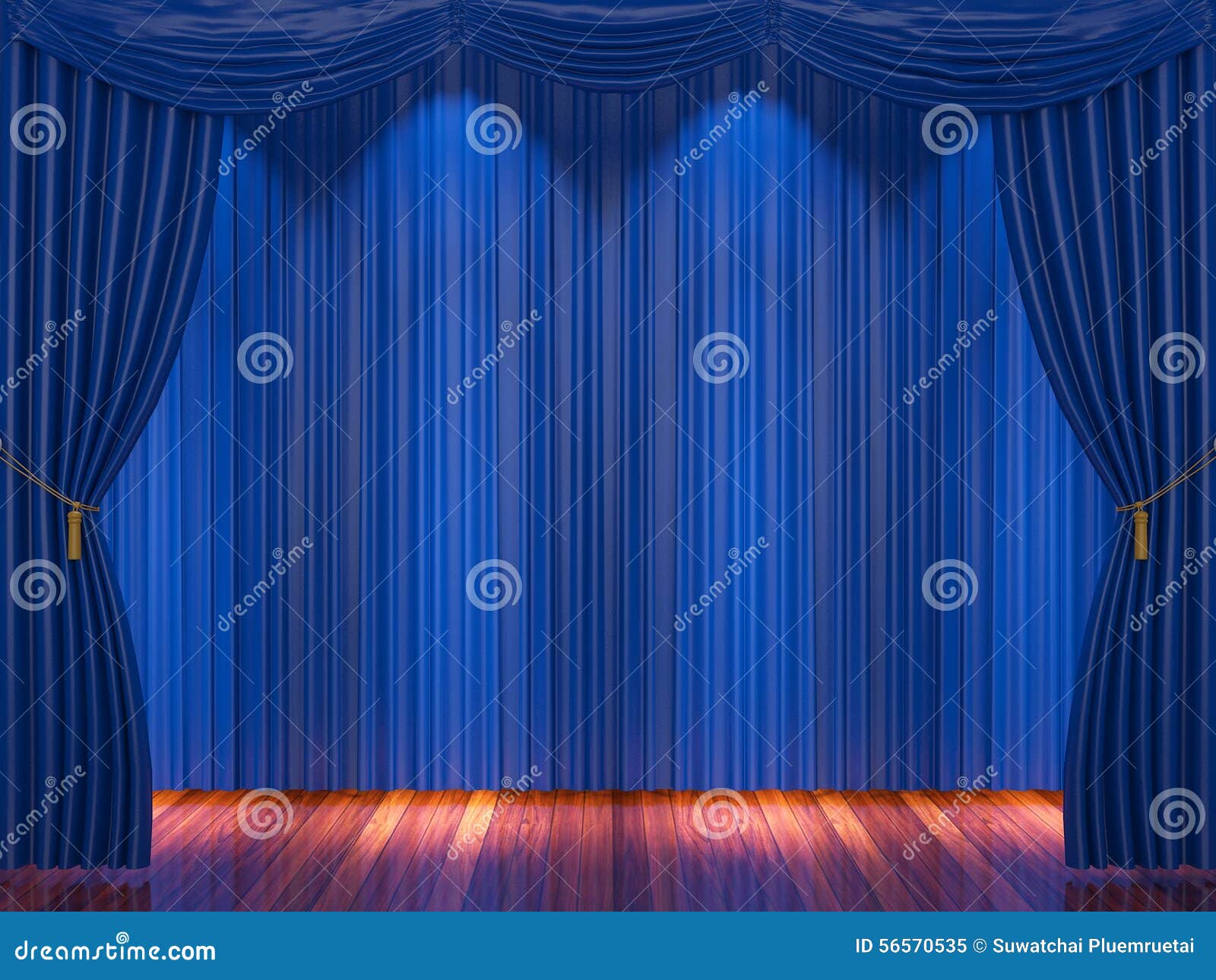 Stage with Blue Curtains and Spotlight. Stock Illustration