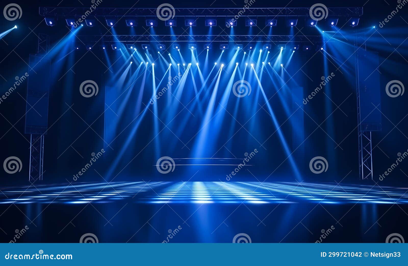 A Stage with Blue Lights, Dark Stage Shows Blue Neon Light Spotlights