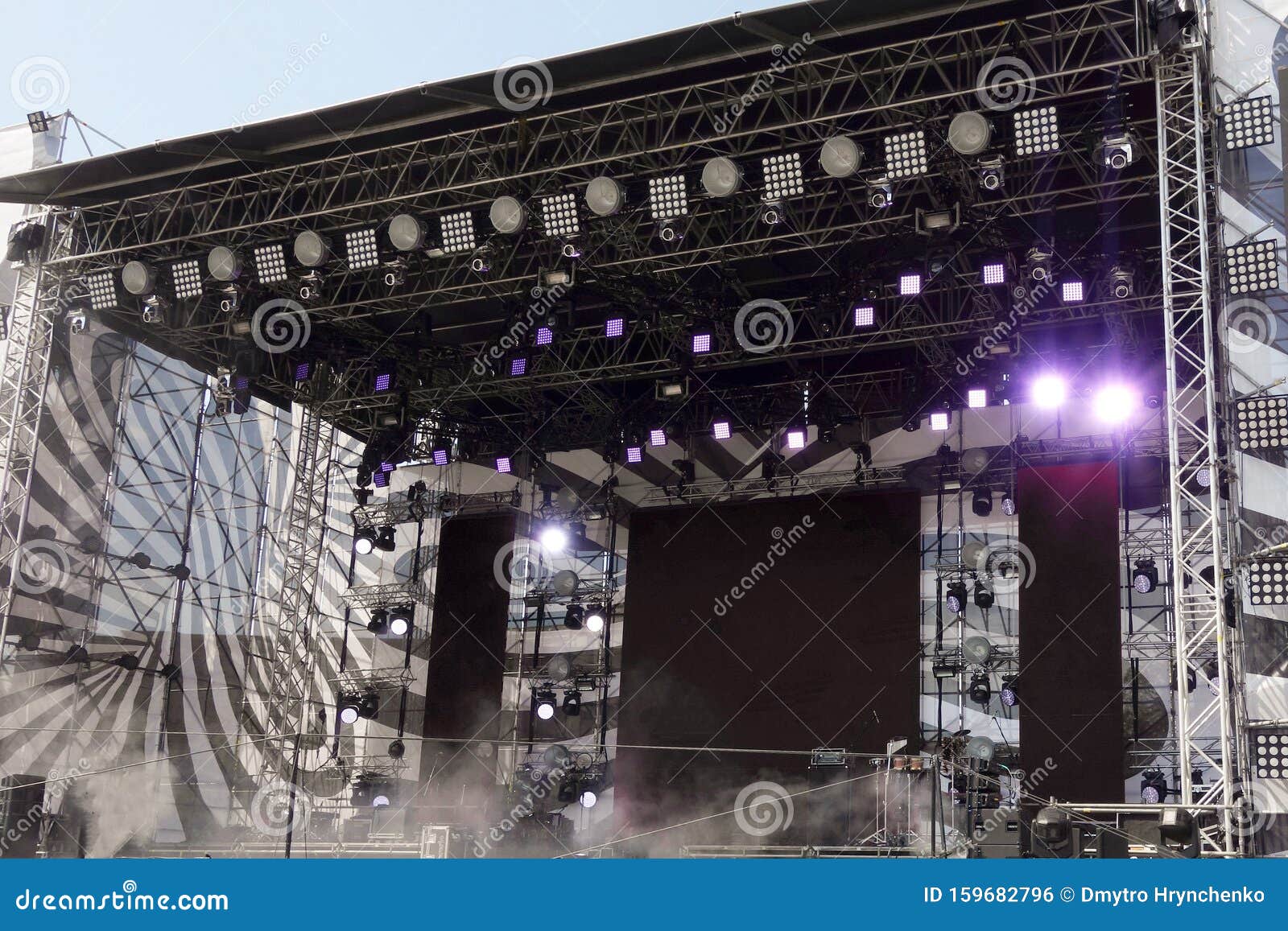 Download Stage For Concert Or Show Under Blue Sky Light Sound And Video Equipment On Metal Frame Construction Installed Outside No Stock Photo Image Of Electric Musical 159682796