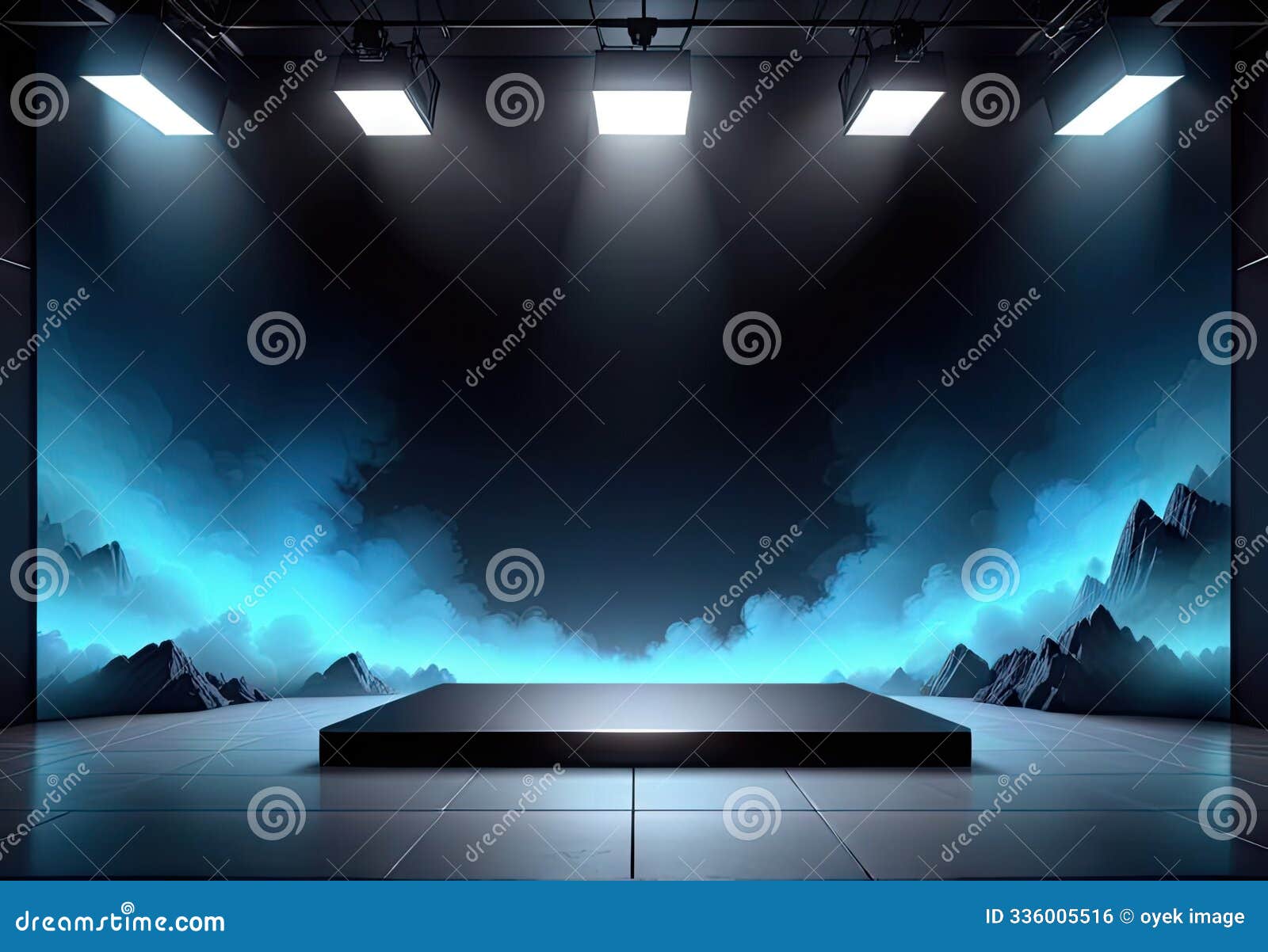 stage with a large, dynamic backdrop featuring a blue and black gradient