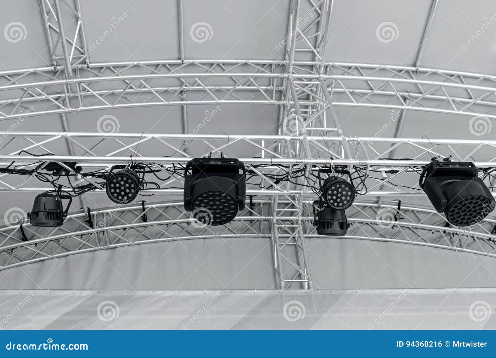 Stage Light Equipment before Concert. Spotlights on Stage Lighting Rig