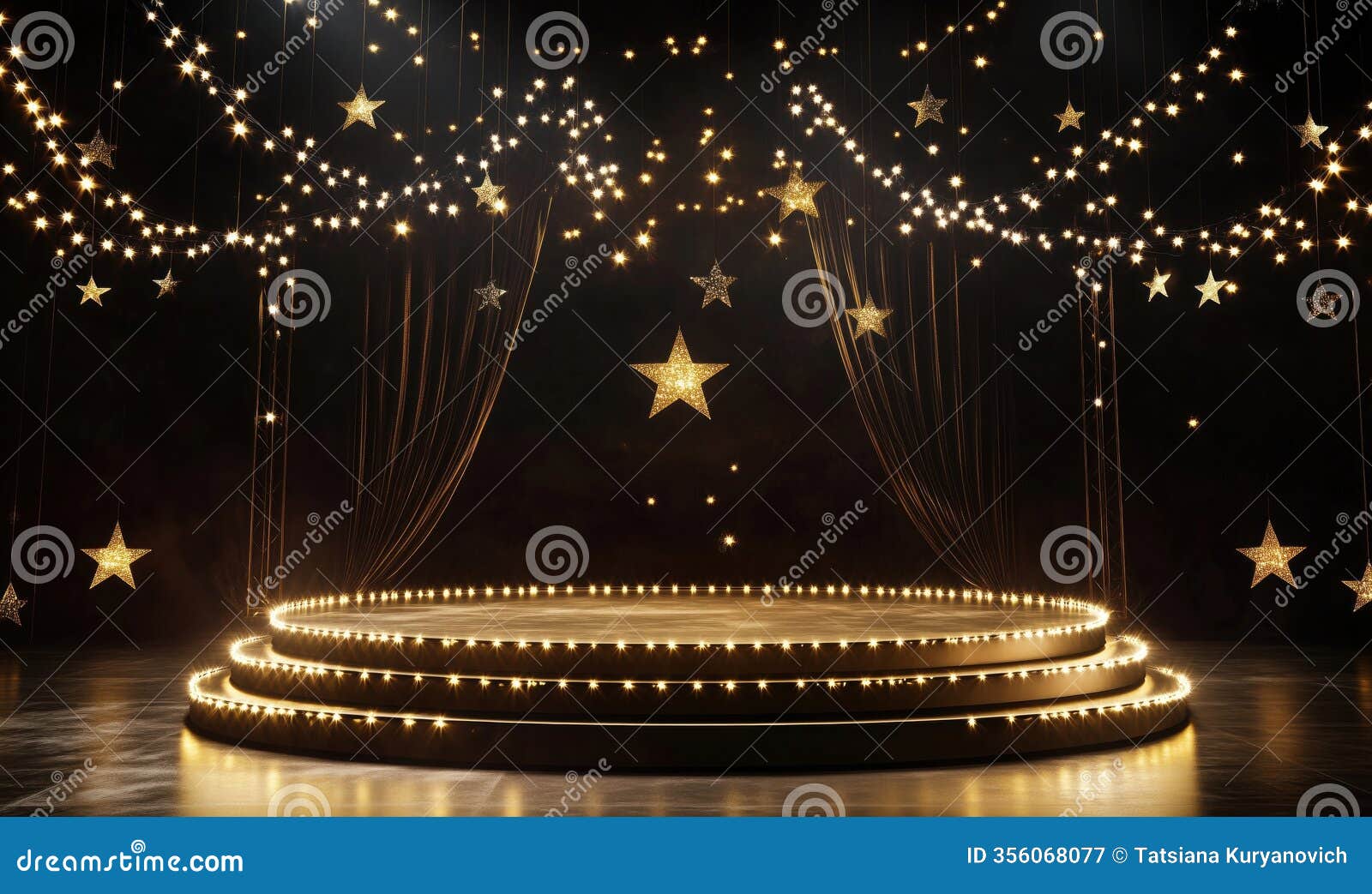 stage with sparkling lights and stars, elegant , dark background