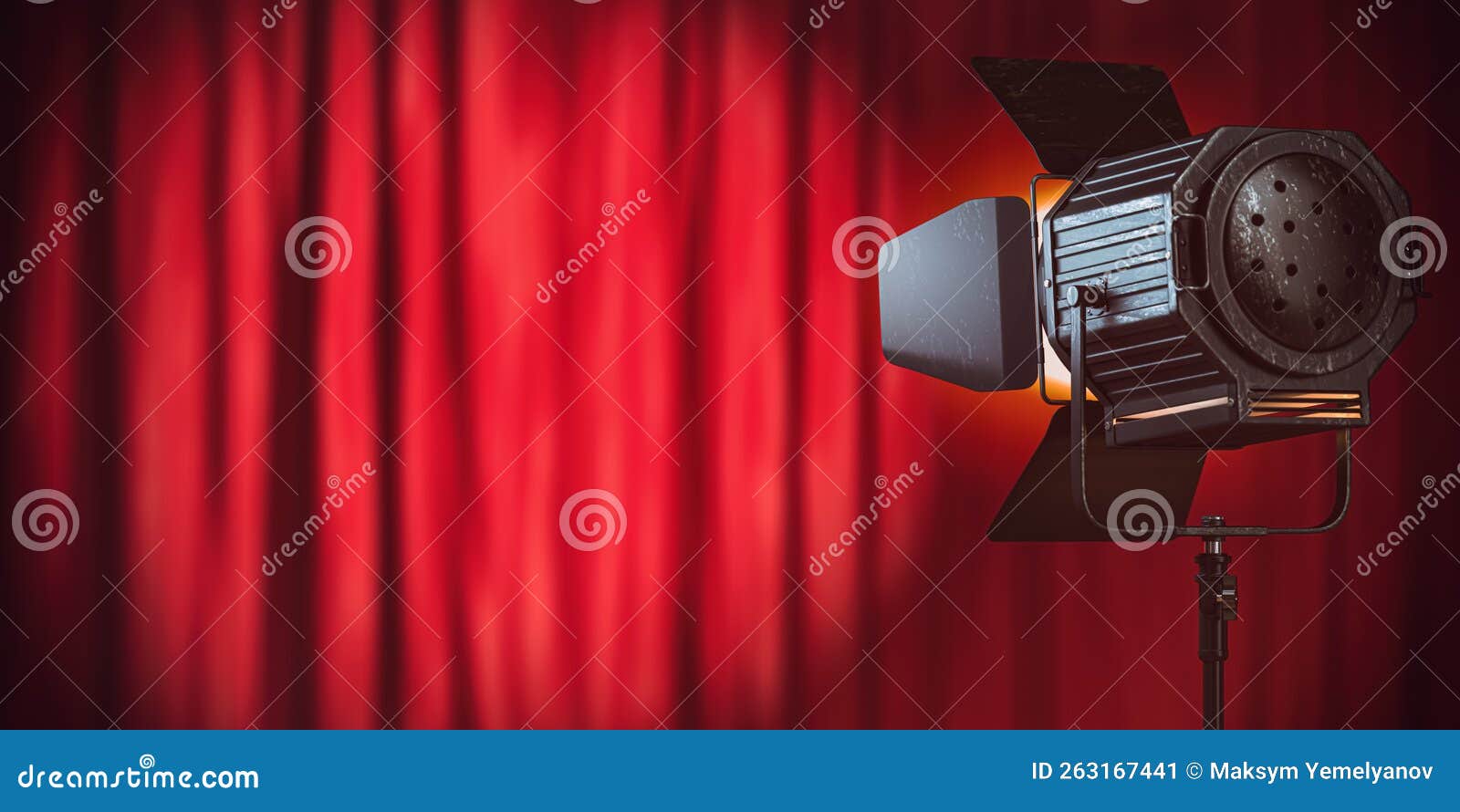 Stage or Studio Spotlight on Red Curtain Background. Lighting Equipment