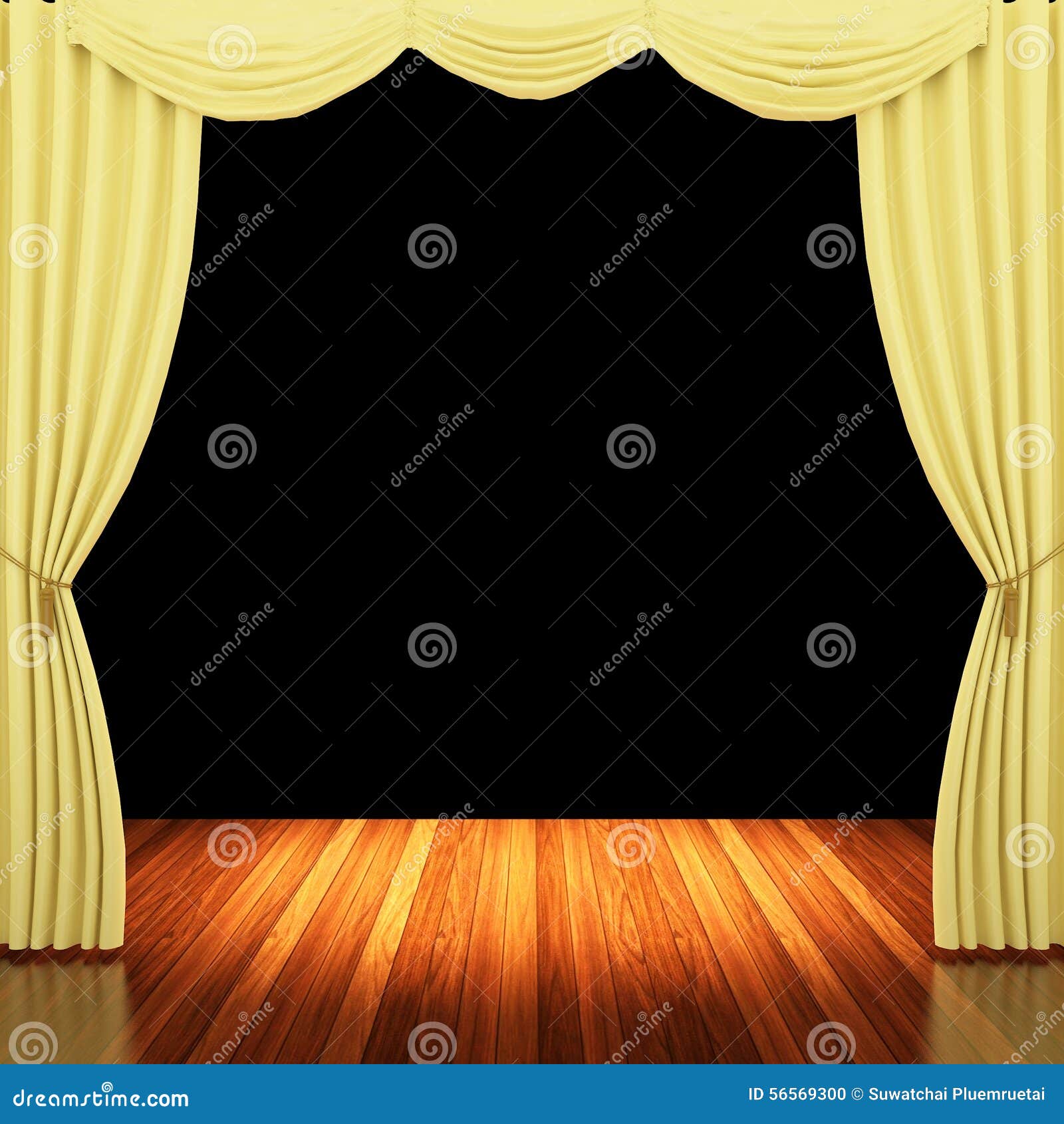 Stage with Yellow Curtains and Spotlight. Stock Illustration