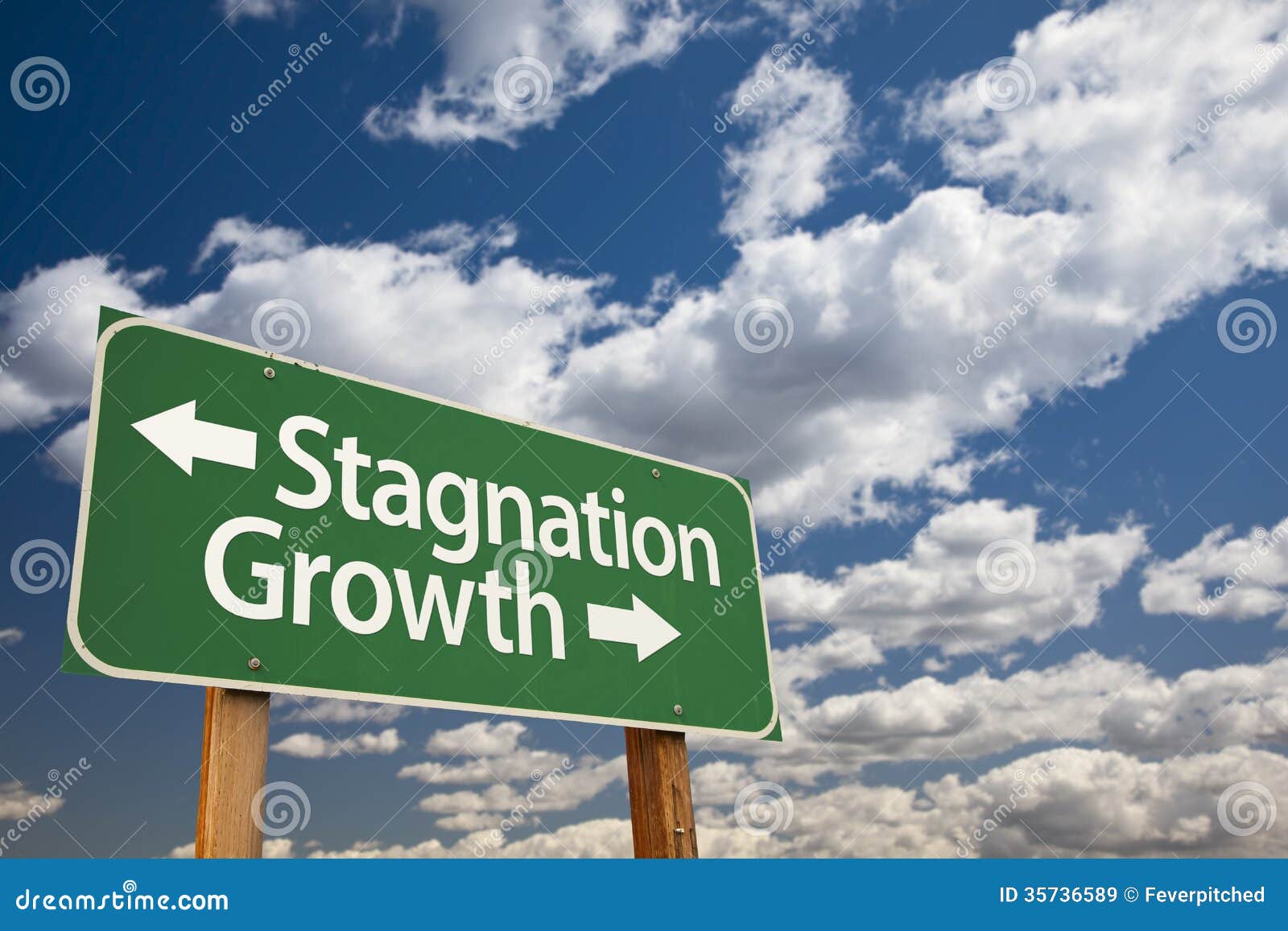 Stagnation or Growth Green Road Sign Over Clouds and Sky Stock Image