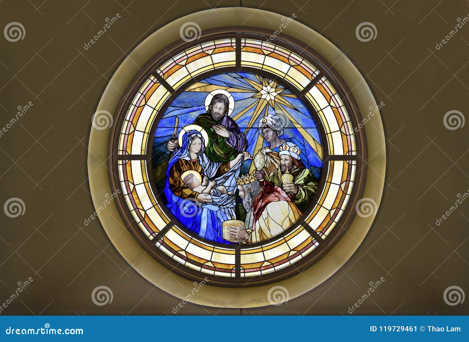 stain glass of nativity epiphany adoration of the magi