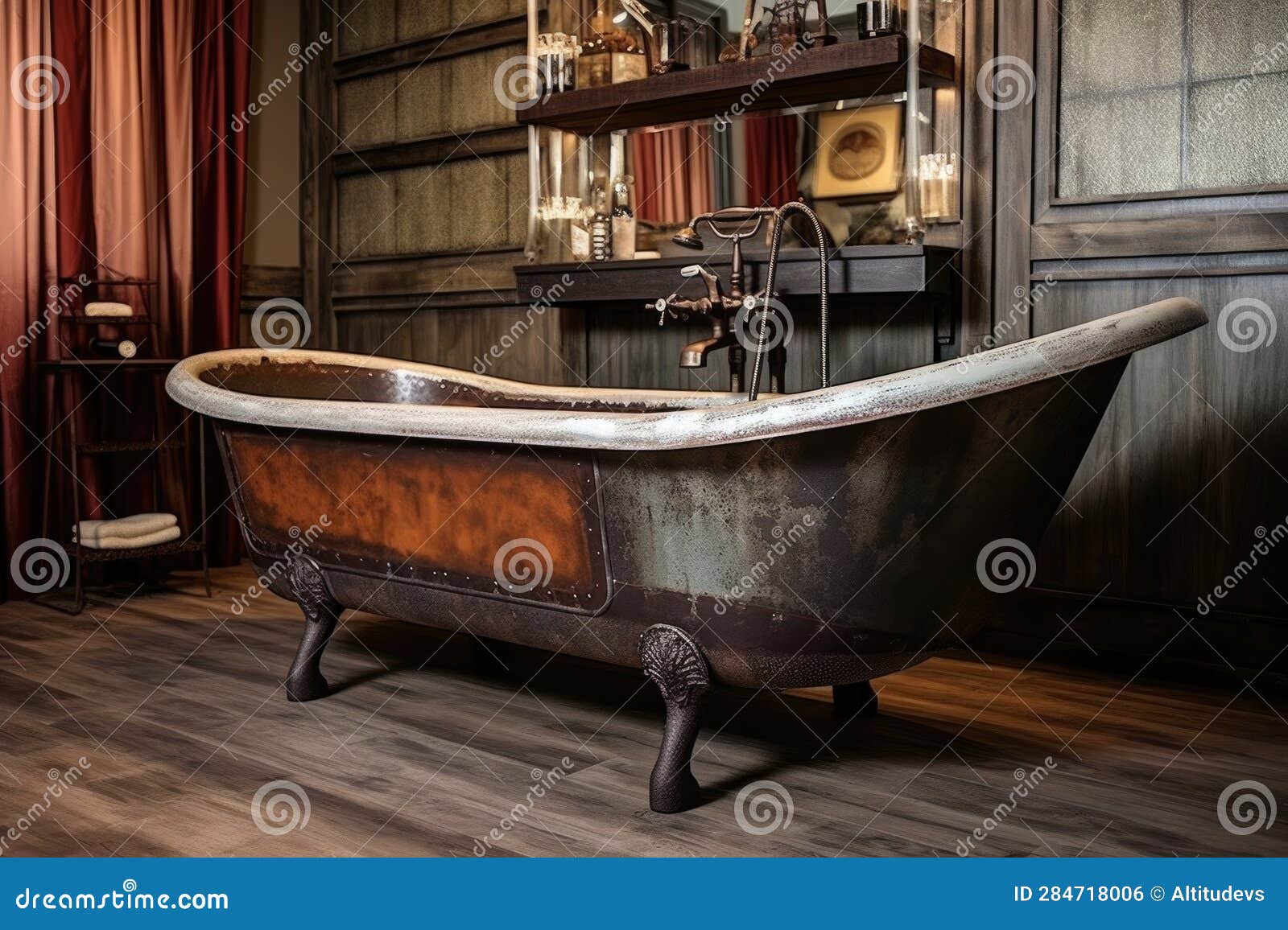 Stained Antique Clawfoot Bathtub with Rustic Vibe Stock Photo Image