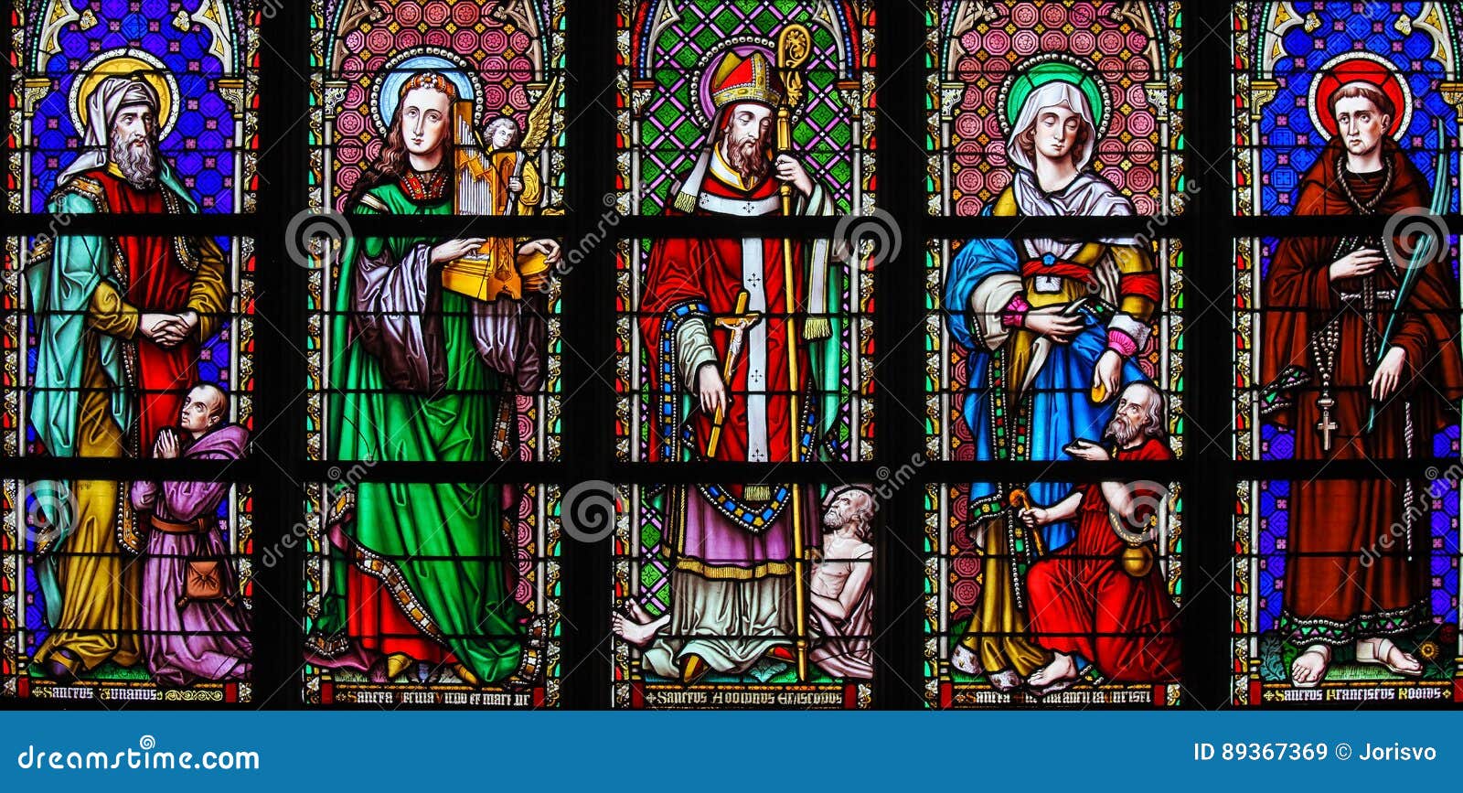 stained glass in brussels sablon church - catholic saints