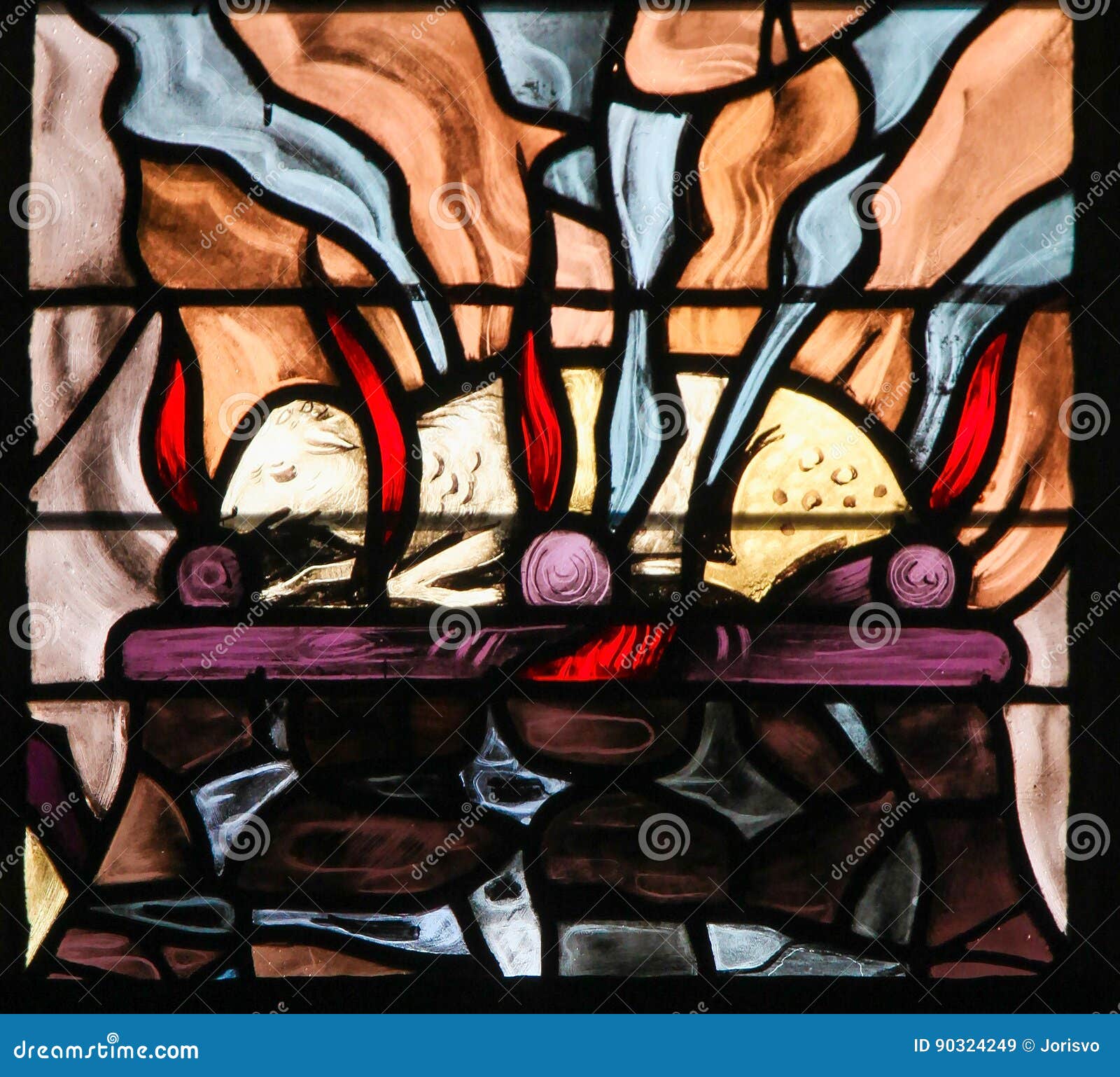 stained glass of a burning lamb, izing the agnus dei