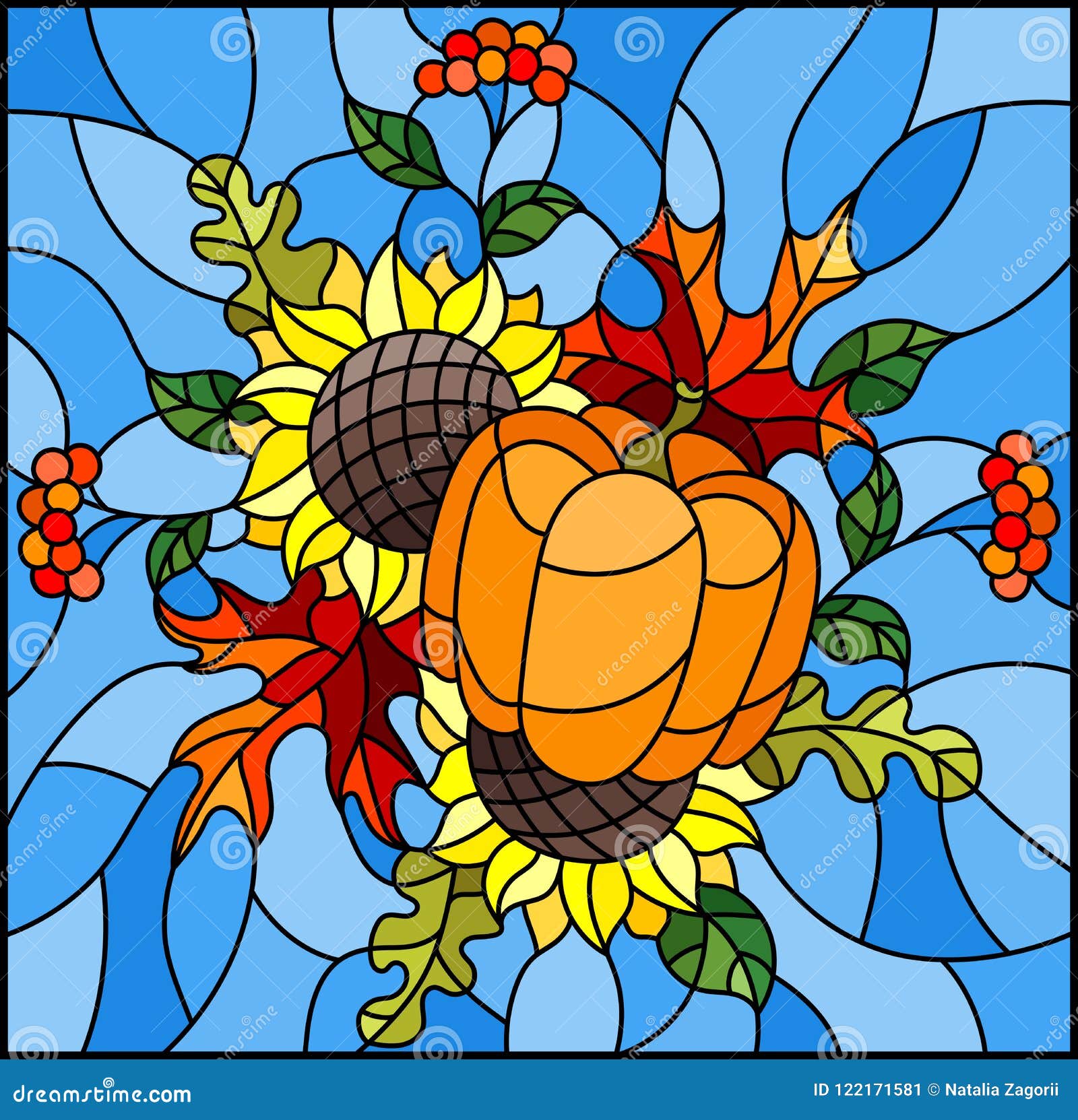 Stained Glass Illustration with Autumn Composition, Bright Leaves