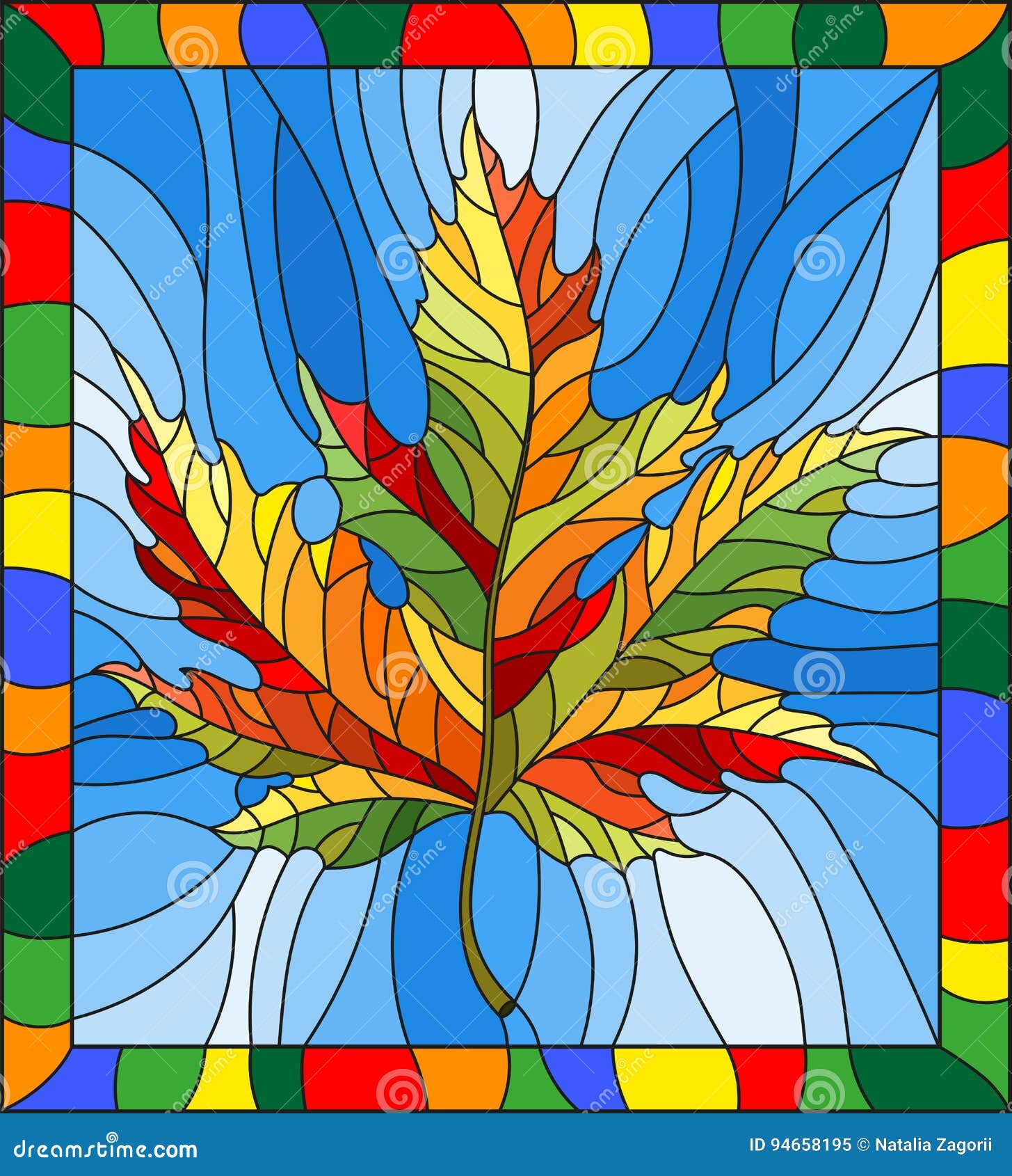 Stained Glass Illustration with a Autumn Maple Leaf on a Blue