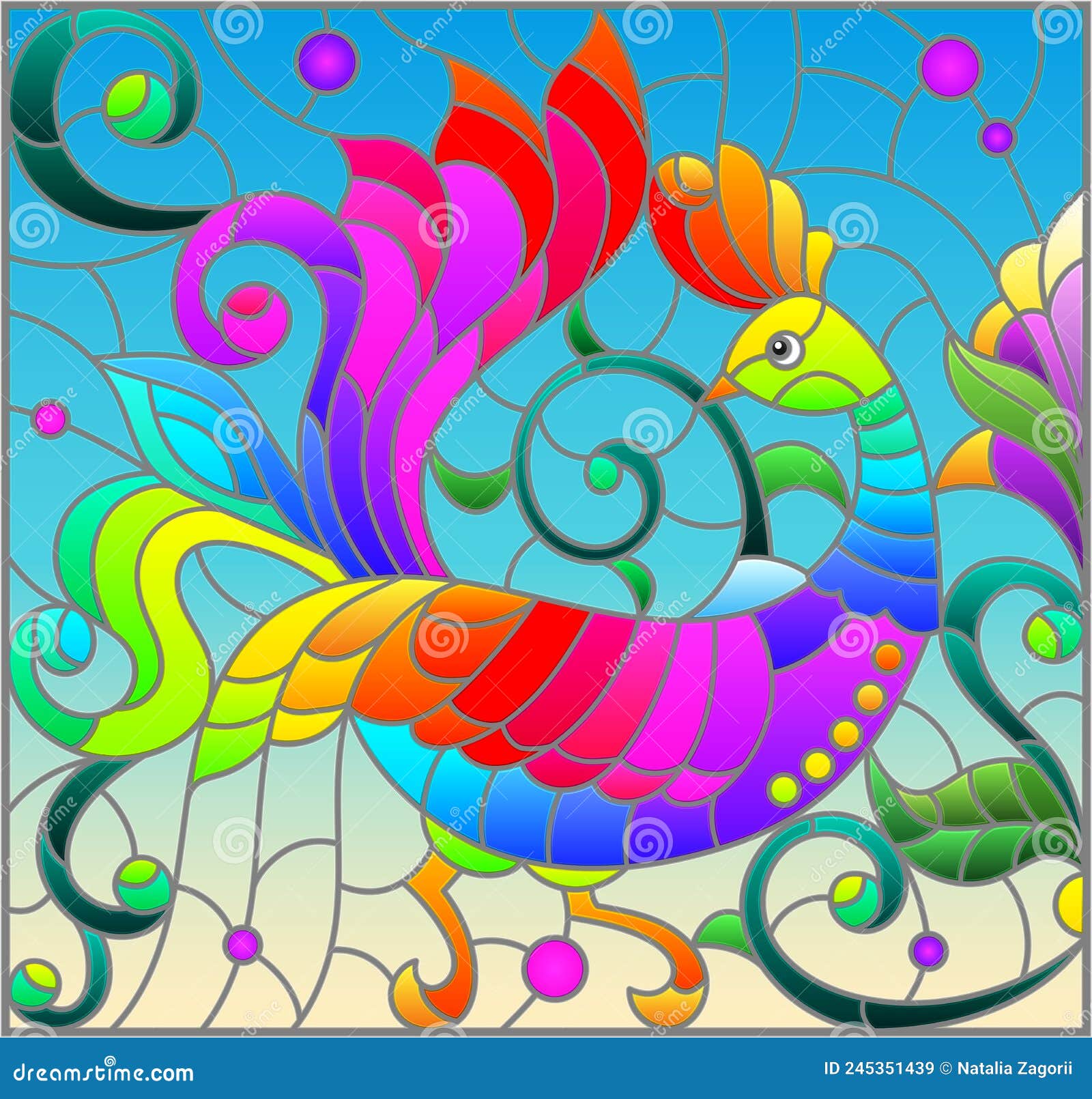 Stained Glass Illustration with a Bright Abstract Rooster on a