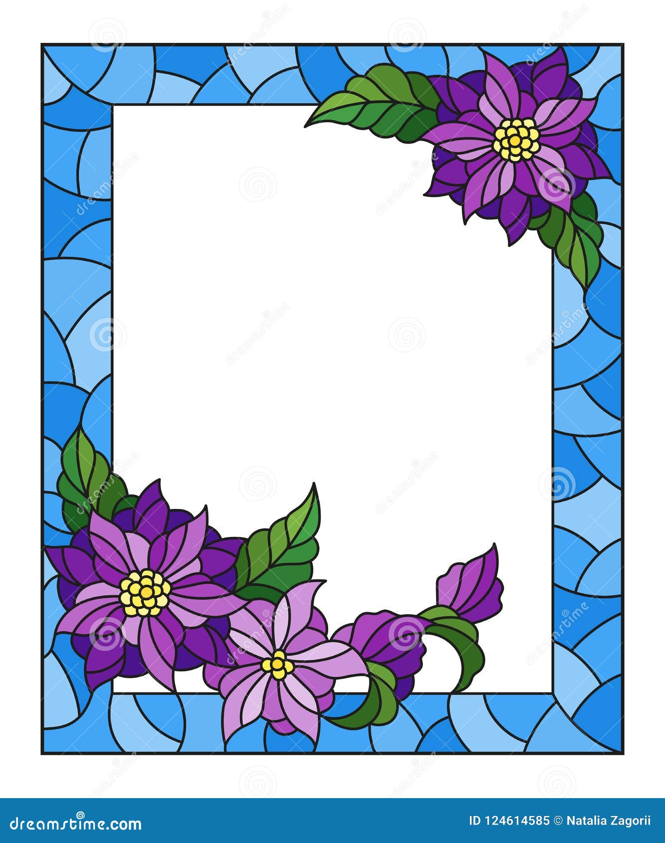Stained Glass Illustration with Frame with Abstract Purple Flowers on Blue Background