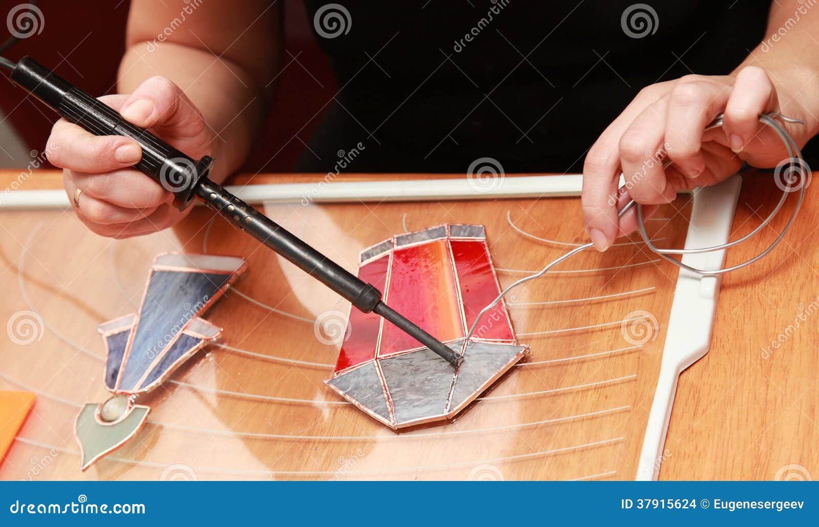 Stained Glass Maker Works with Red Lamp Stock Photo Image of detail