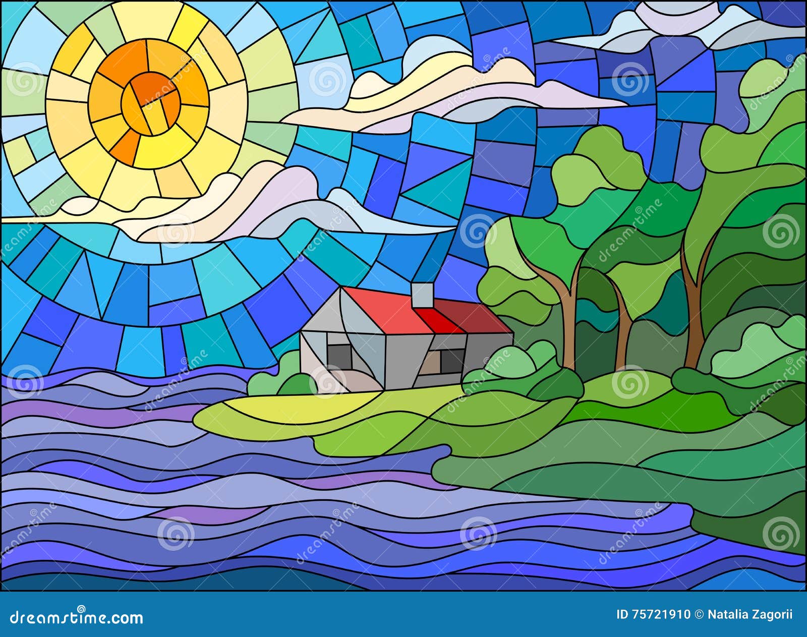 Seashore Under Blue Skies Stained Glass Landscape