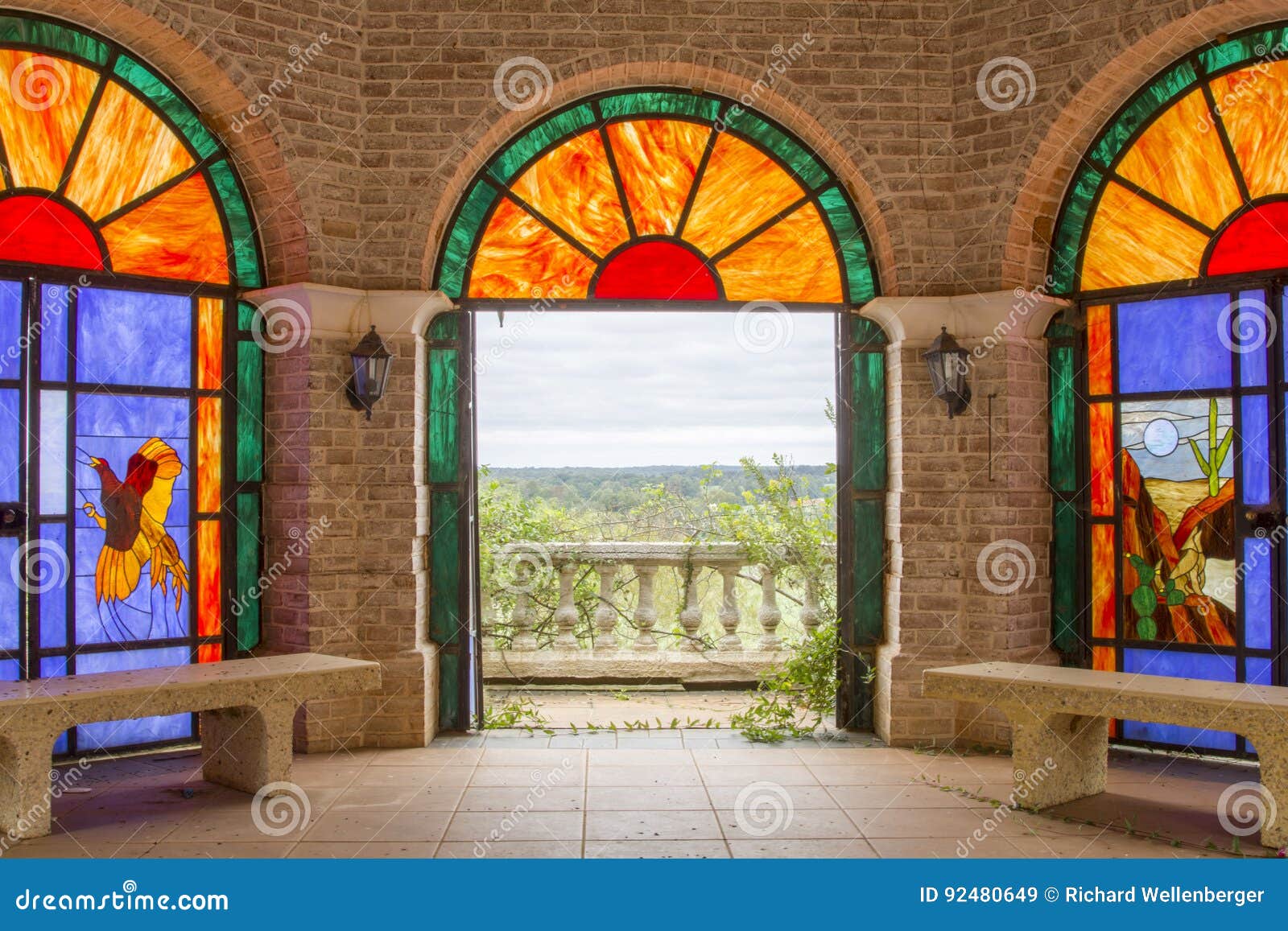 Stained Glass Room with View of Outdoors Stock Image Image of bench