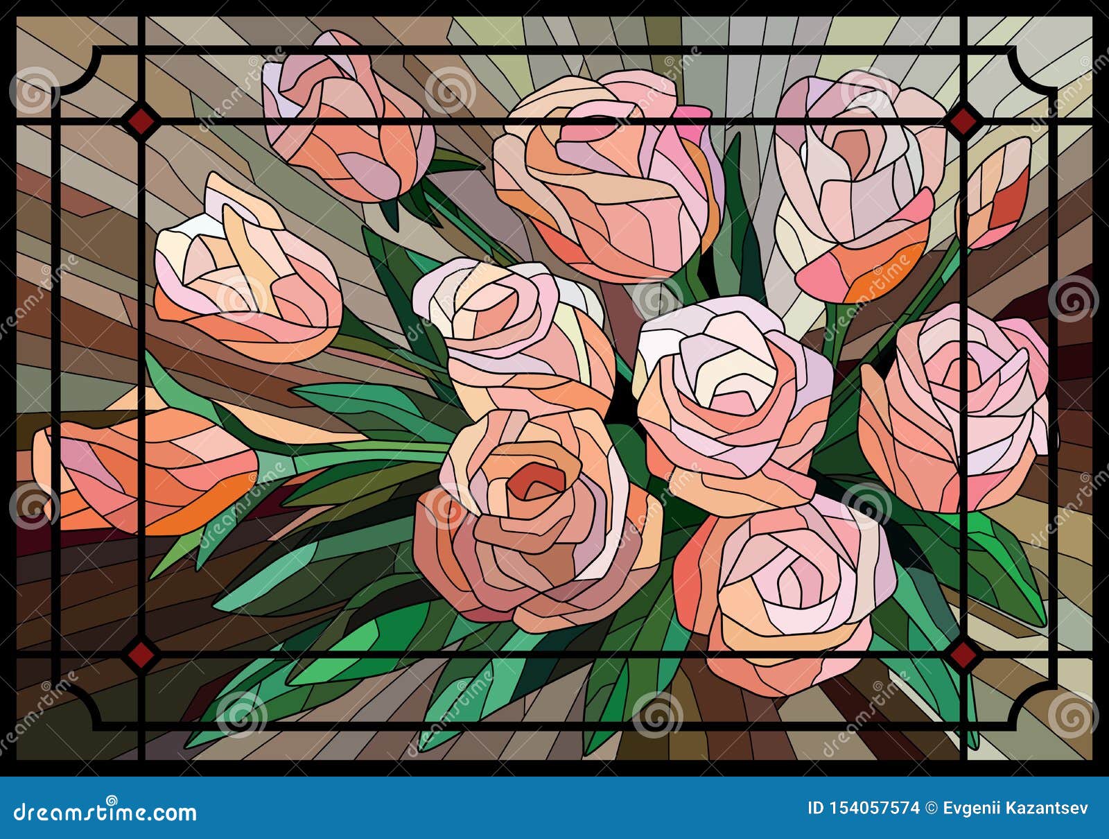 Stained Glass Roses on a Brown Background in the Frame. Black Lines