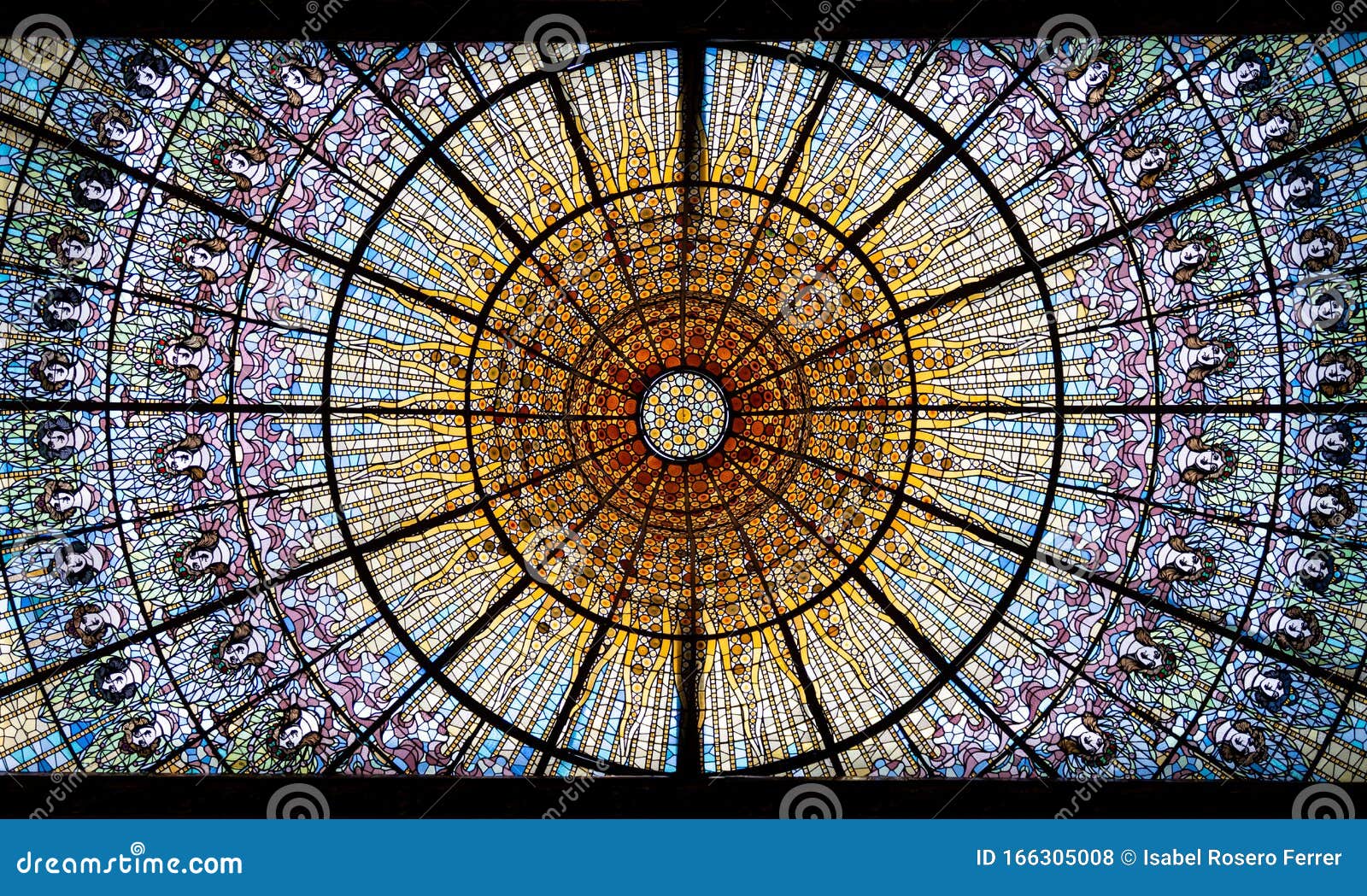 stained-glass skylight of the palau de la musica catalana, concert hall by lluis domenech i montaner. barcelona, catalonia.