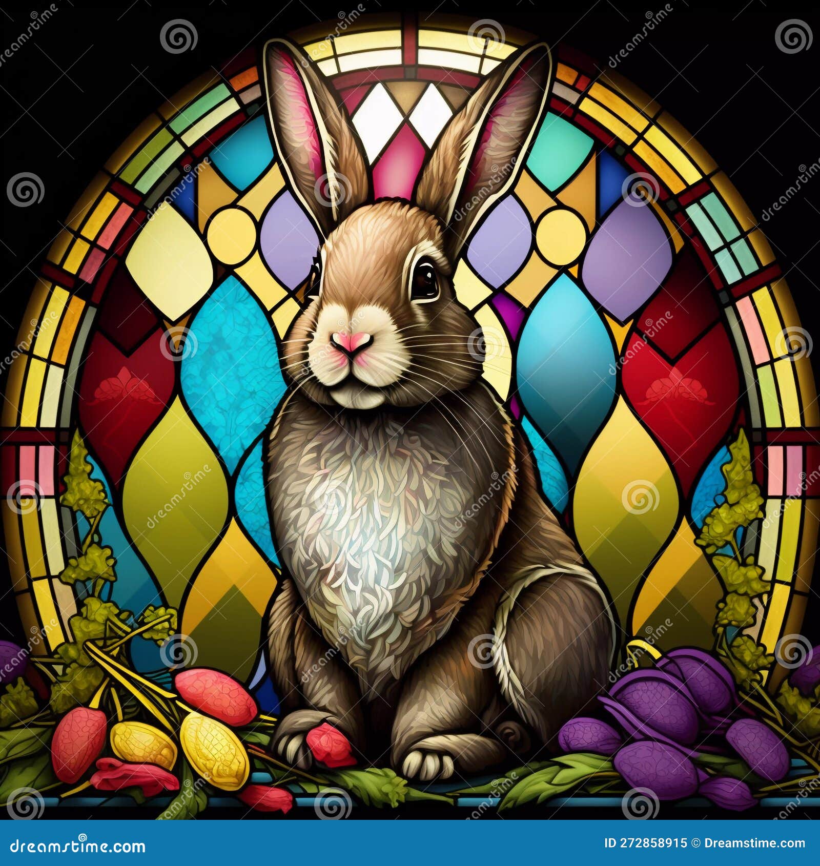 Stained Glass Window with Easter Bunny. Easter Rabbit Stain Glass