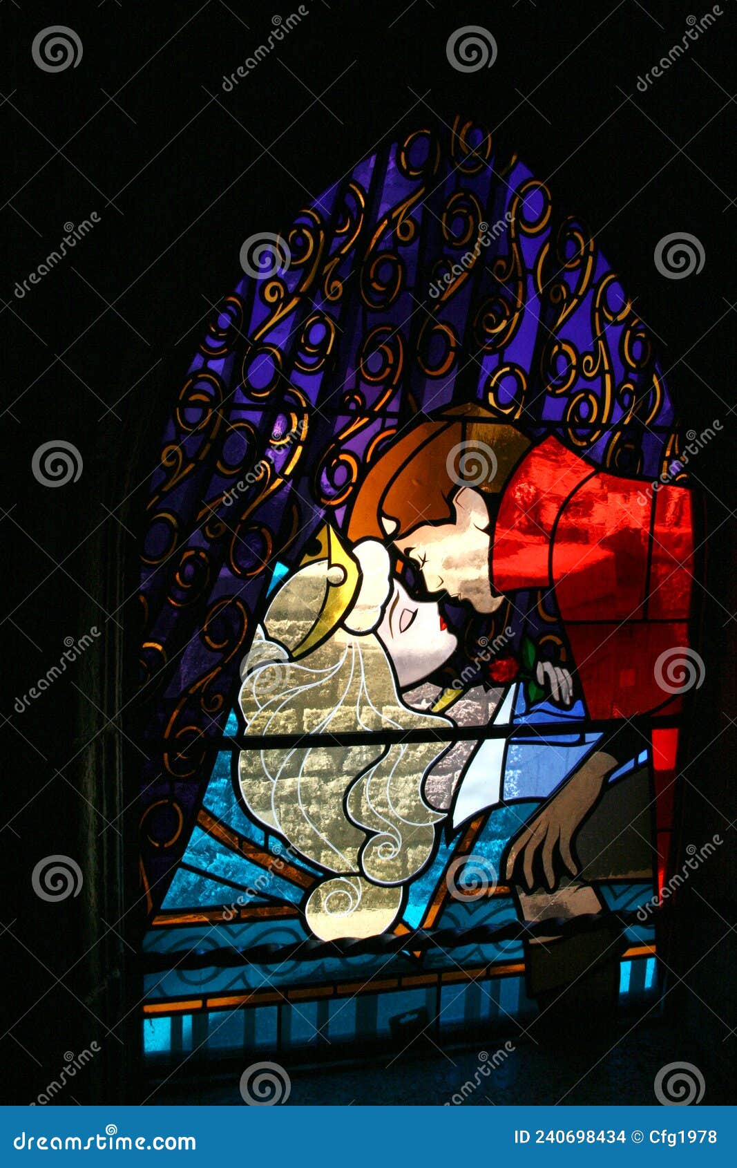 Stained Glass Window with the Prince`s Kiss To Sleeping Beauty