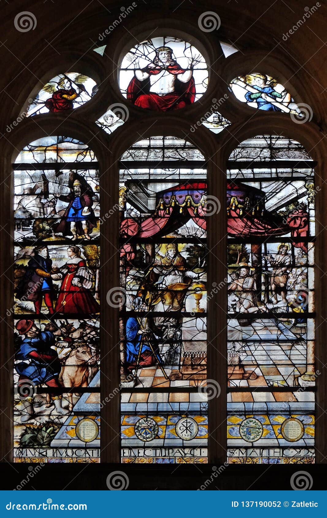 stained glass windows in the church depicts the parable of those invited to the wedding feast, saint etienne du mont church, paris