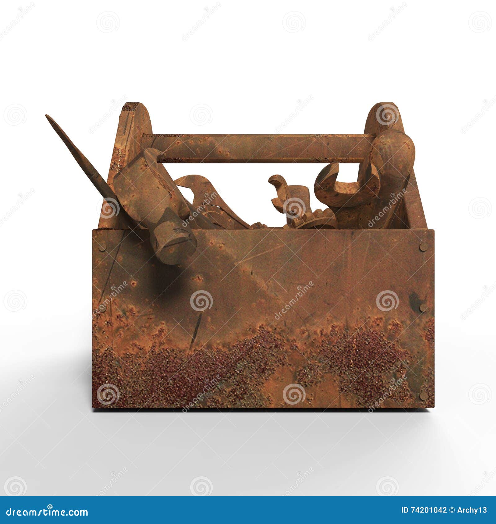 stained worn-out toolbox with rusty tools, wrench, spanner, hammer, screwdriver. rendering.  bad fix, mad