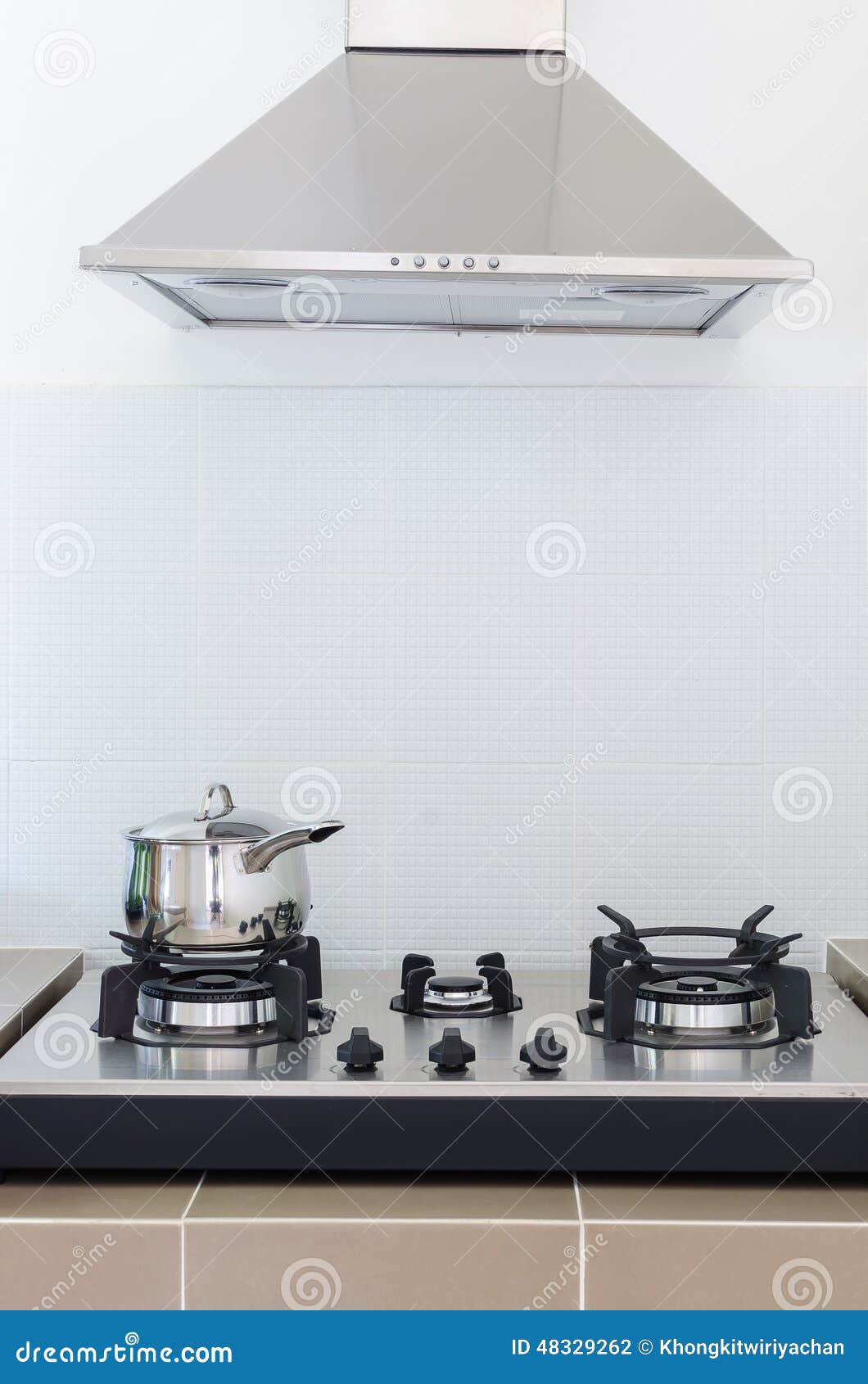 Stainless Pan on Gas Stove with Hood Stock Photo Image of flame, hood