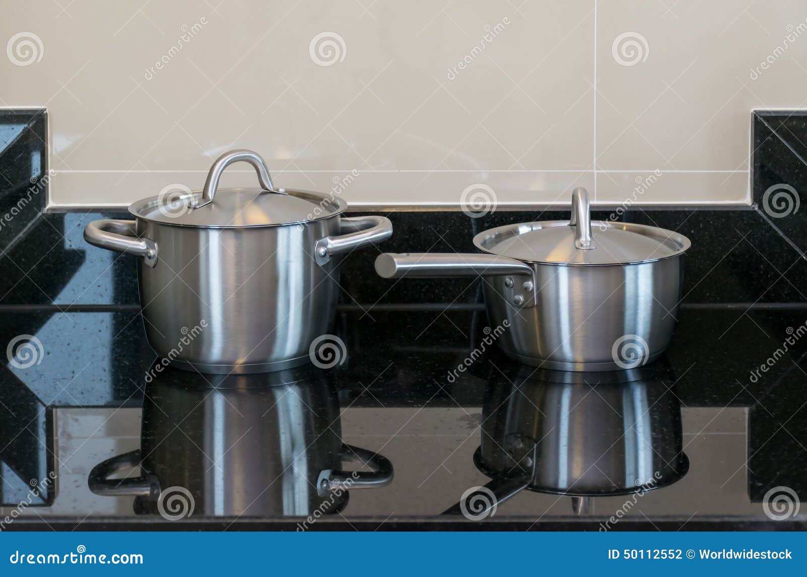 Stainless Pots in Modern Kitchen Stock Photo Image of house, black