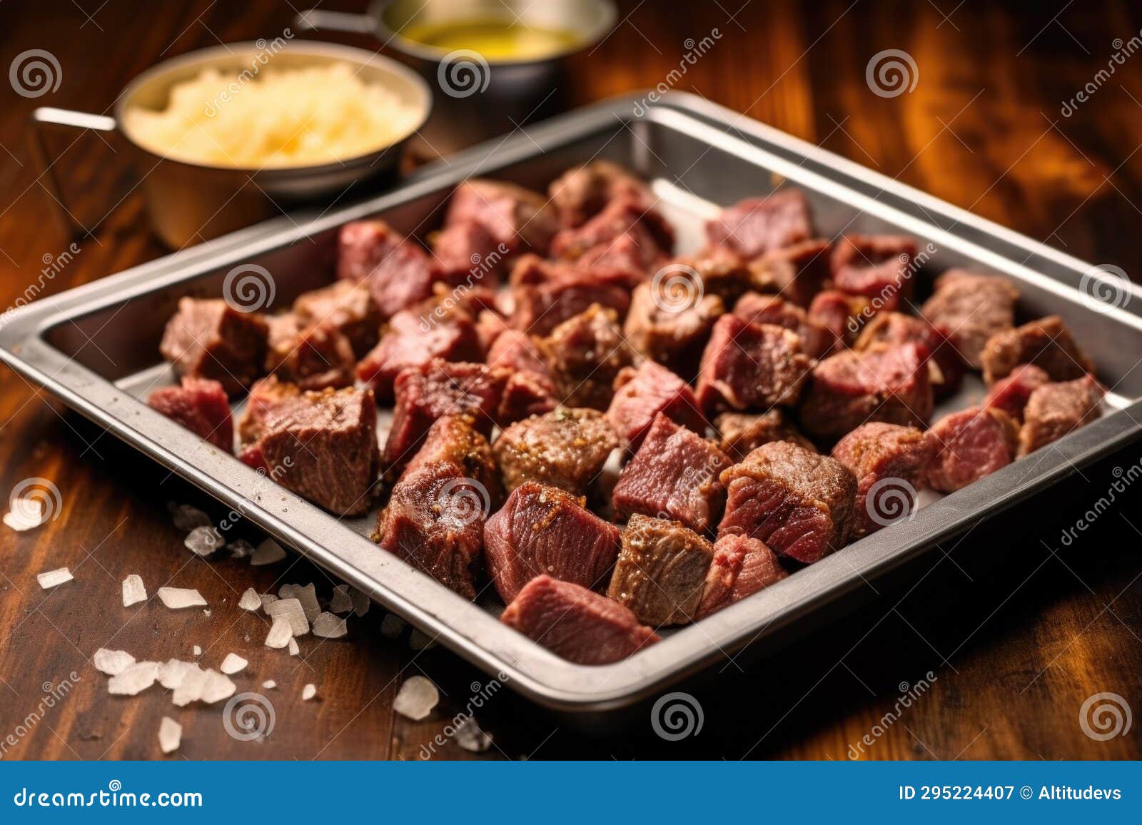 Stainless Serving Tray of Steak Tips with Crushed Garlic Stock Image