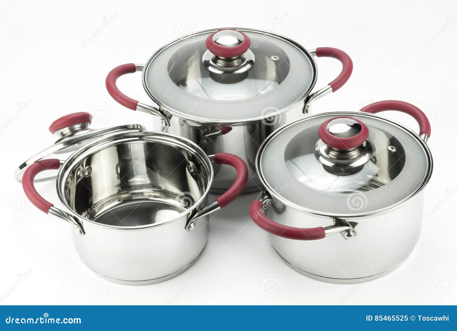 Stainless Steel Cooking Pots with Lids Isolated on White Stock Image
