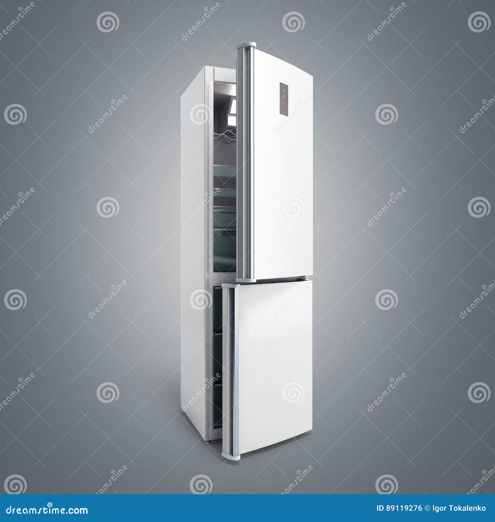 Stainless Steel Modern Open Refrigerator on Grey Gradient 3d Ill Stock