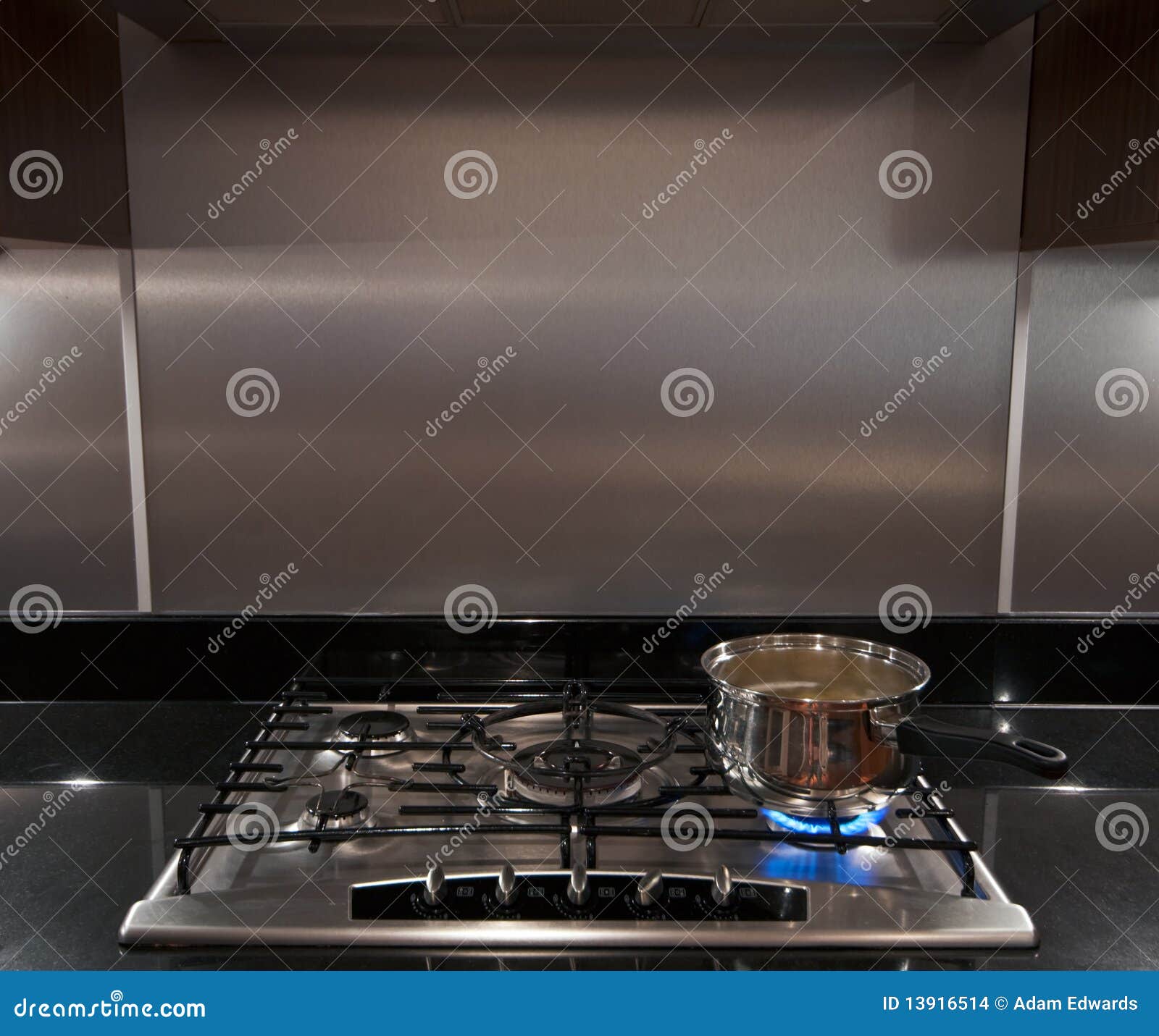 Stainless Steel Pan on Gas Hob in a Modern Kitchen Stock Photo Image