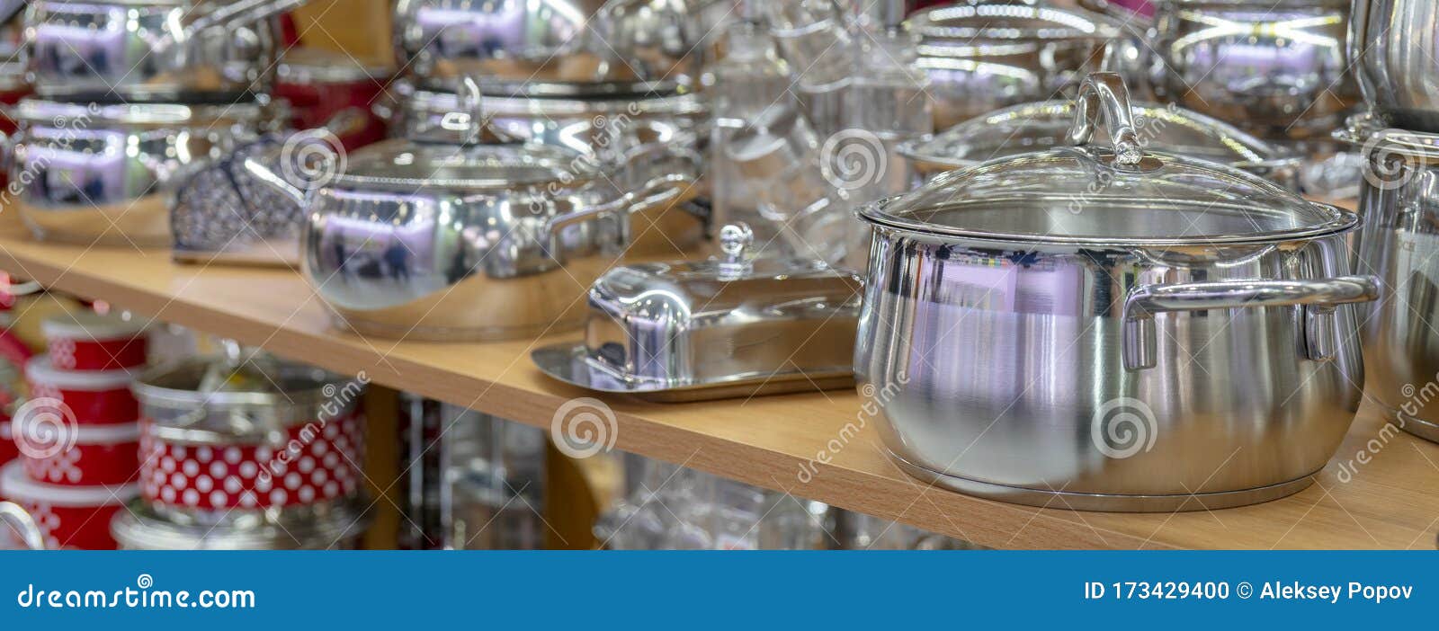 Stainless Steel Pans on the Store Shelf Stock Photo Image of clean
