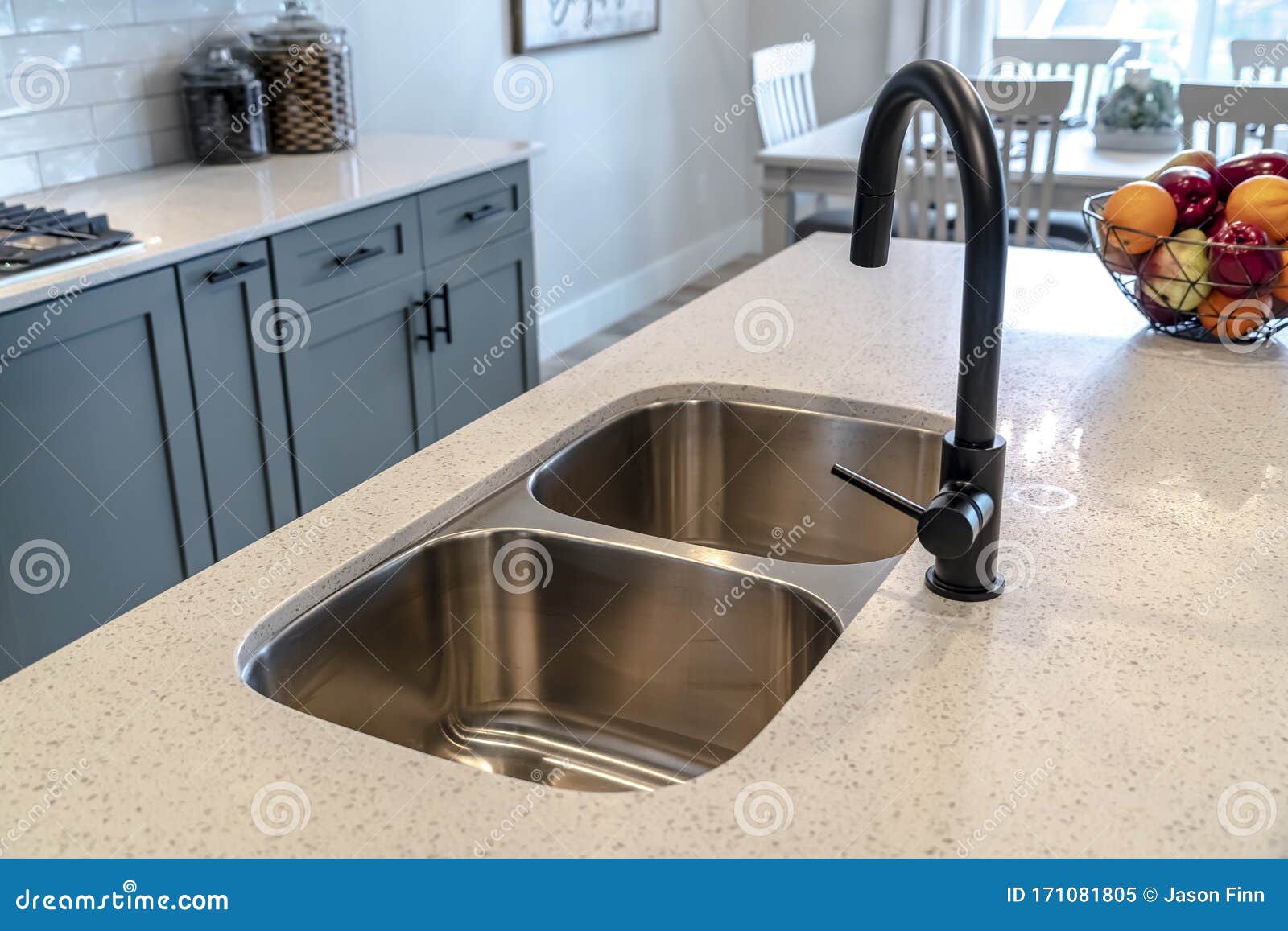 Stainless Steel Undermount Double Basin Kitchen Island Sink With Black Faucet Stock Image Image Of Dining Steel 171081805