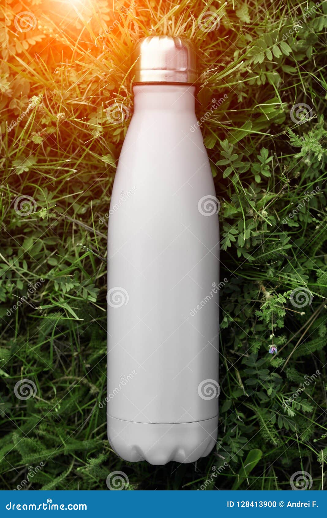 Download Stainless Thermos Water Bottle, White Color. Mockup Isolated On Green Grass Background With ...
