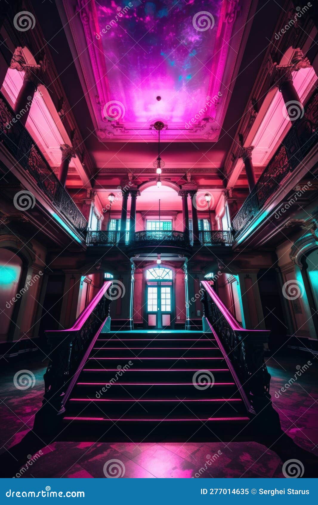 A Staircase in a Building with a Ceiling Painted Pink. AI Generative ...