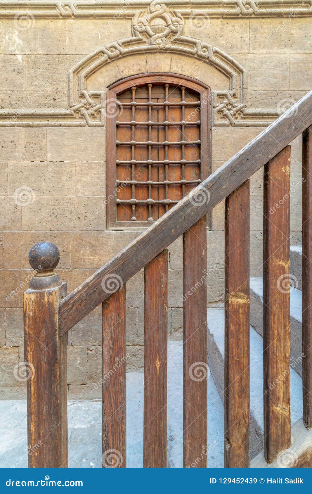 staircase with wooden balustrade leading to zeinab khatoun historic house, old cairo, egypt