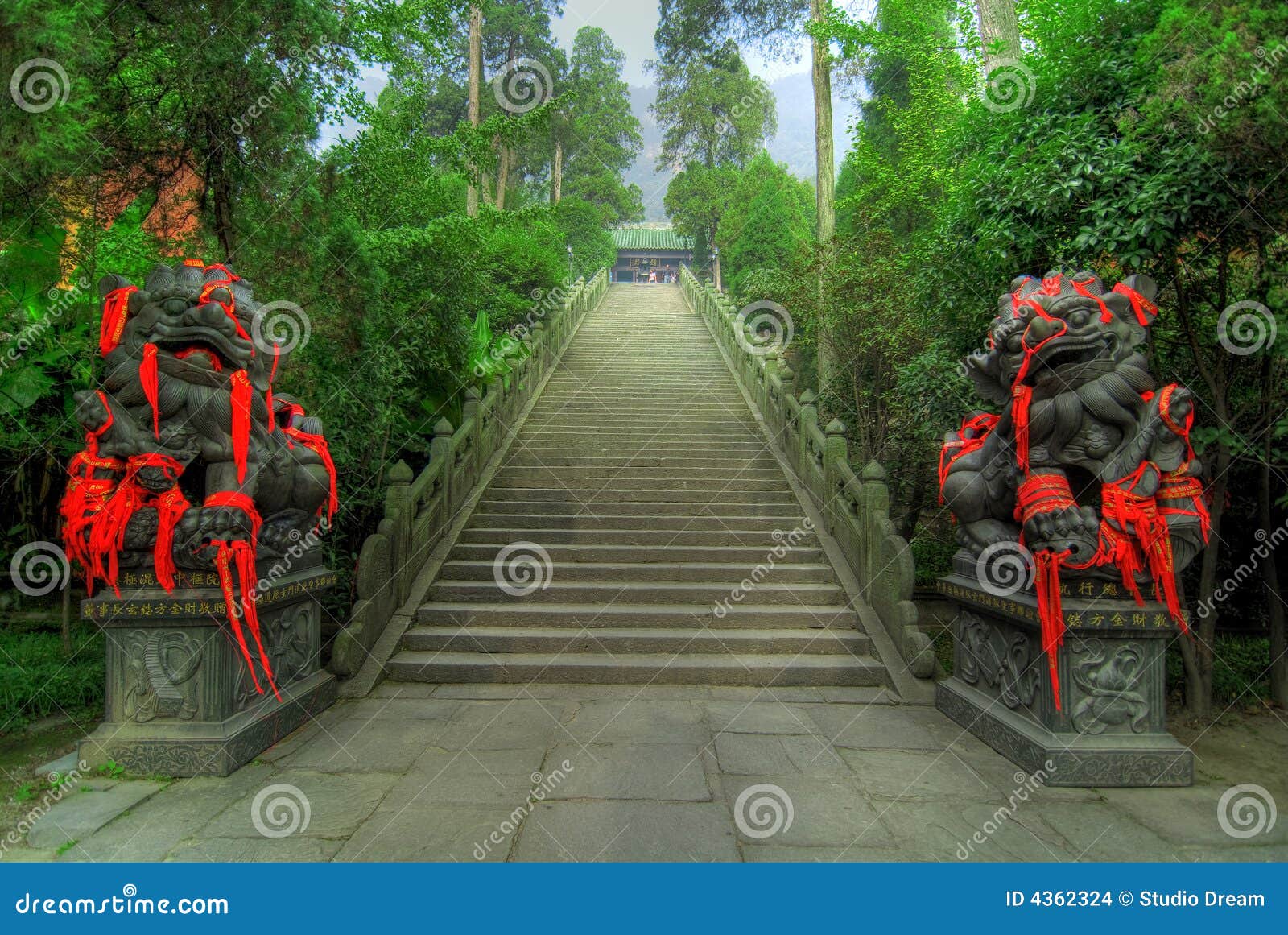 Red Stairway To The Temple With A Six Head Of Serpent Decorated On