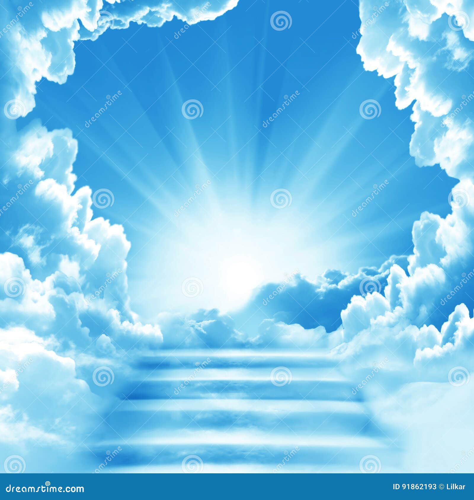 Stairway to Heaven in Cloudy Sky with Sunlight Rays Shining Down