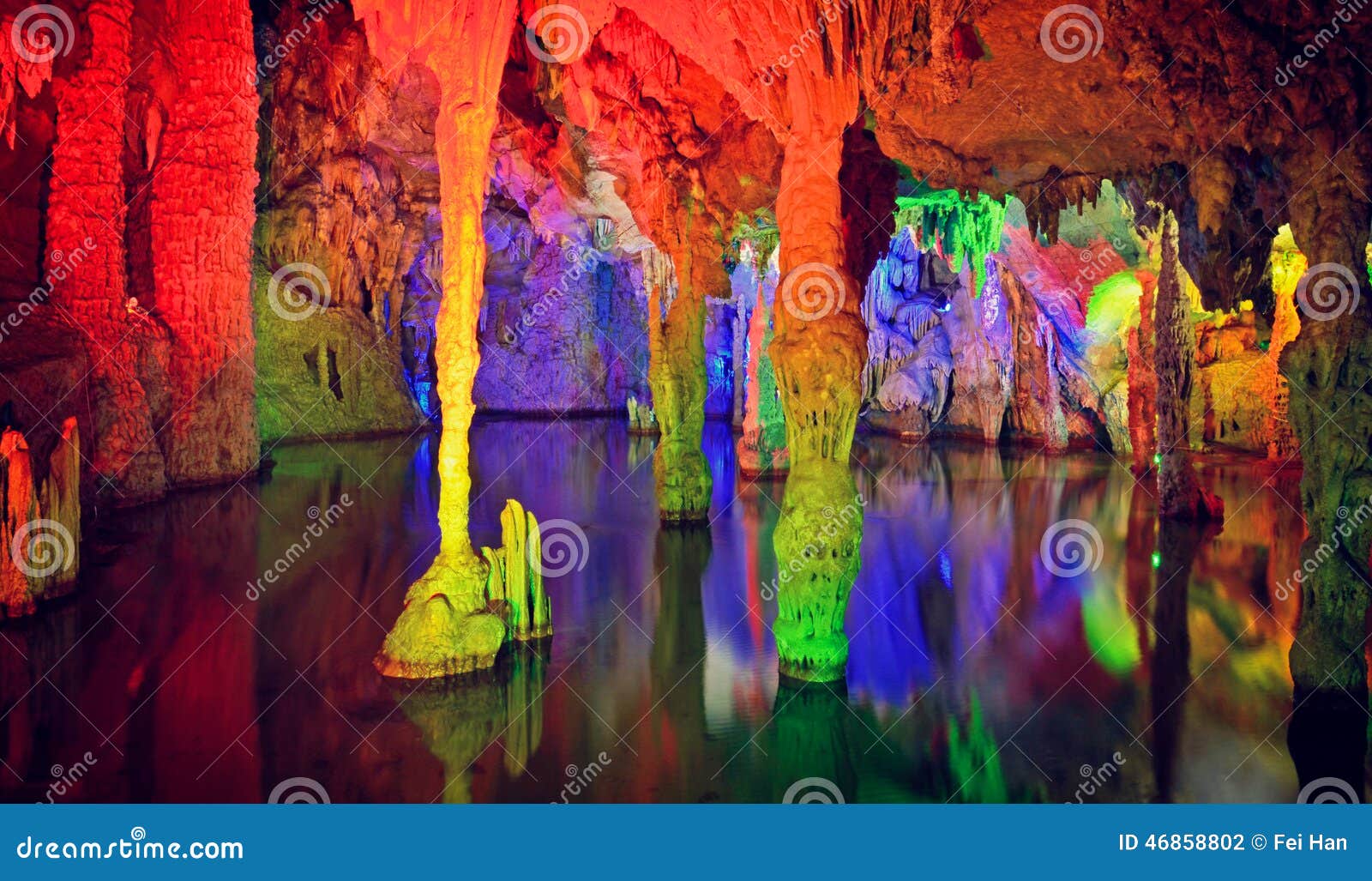 stalactite and water in karst cave of gui lin,china