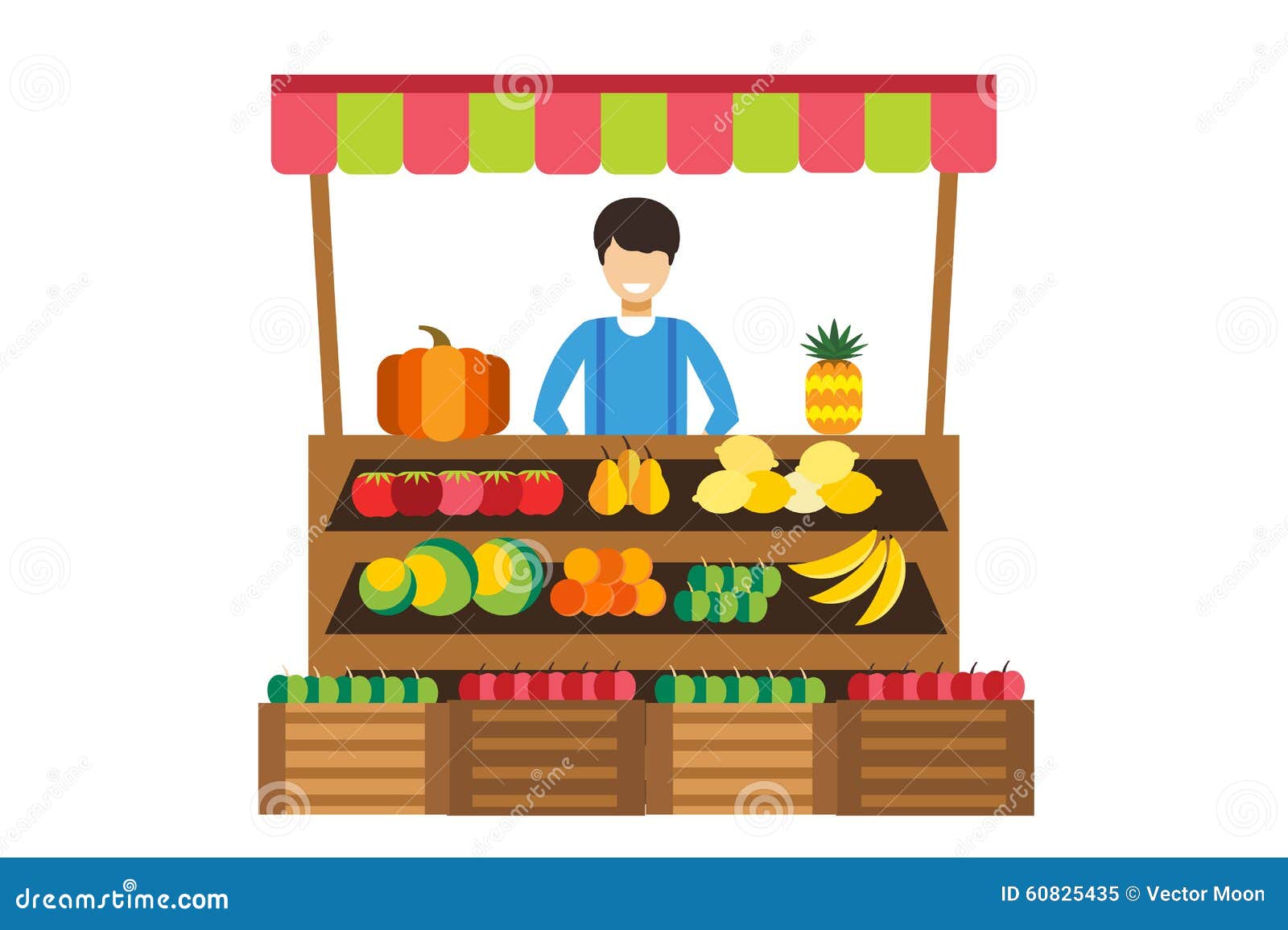 Stalle de boutique de fruits et légumes Silhouette d'homme de boutique, acheteurs, clients Femme, famille de fille dans la boutique de fruits Illustration d'épicerie La banane, pomme, orange, chaux, potiron porte des fruits Kiosque de fruit