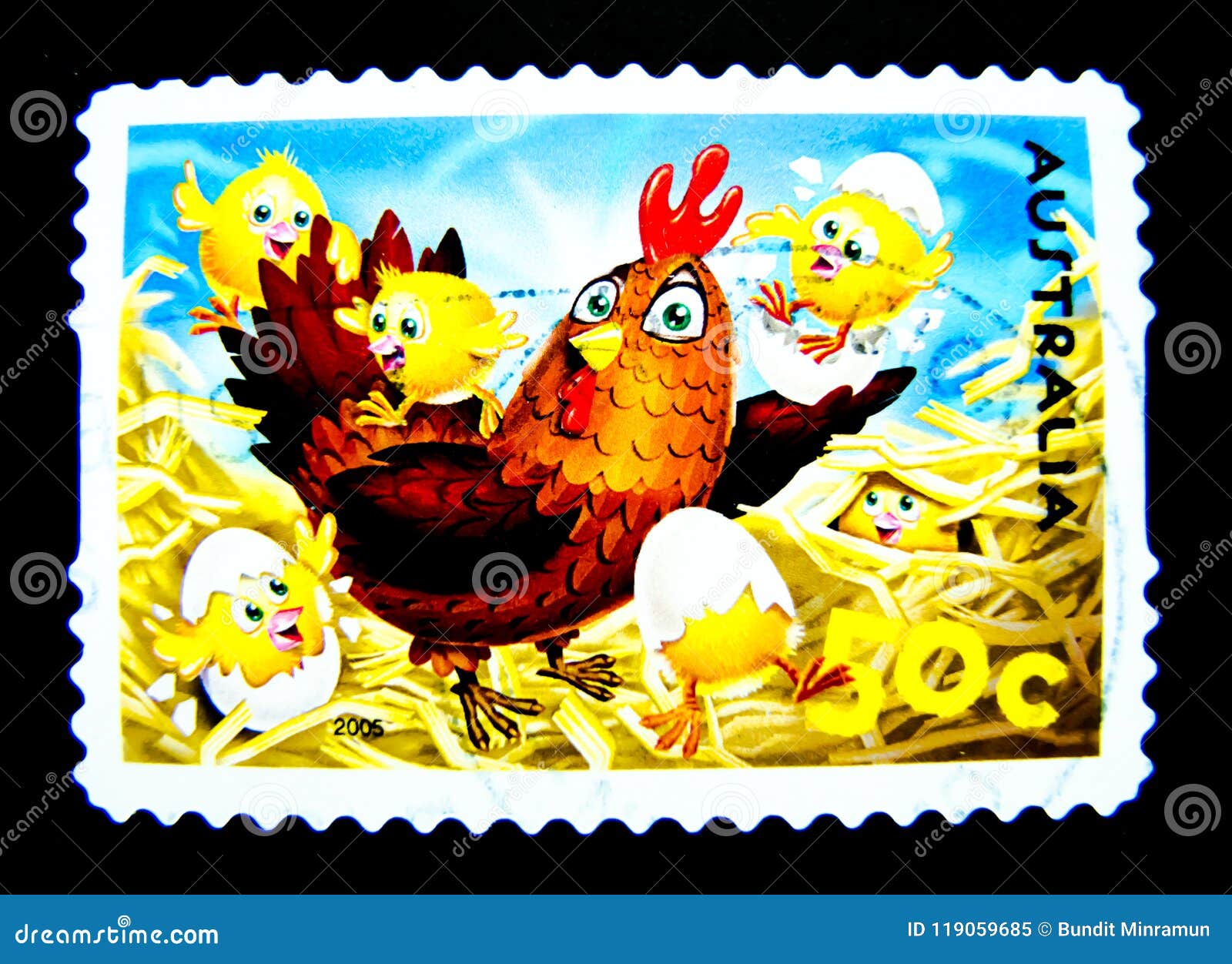 A Stamp Printed in Australia Shows an Image of Cute Brown Hen Cartoon with  Chicken on Value at 50 Cent. Editorial Image - Image of label, cartoon:  119059685