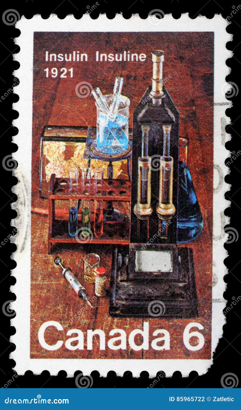 Stamp Printed by Canada, Shows Laboratory Equipment Used for Insulin