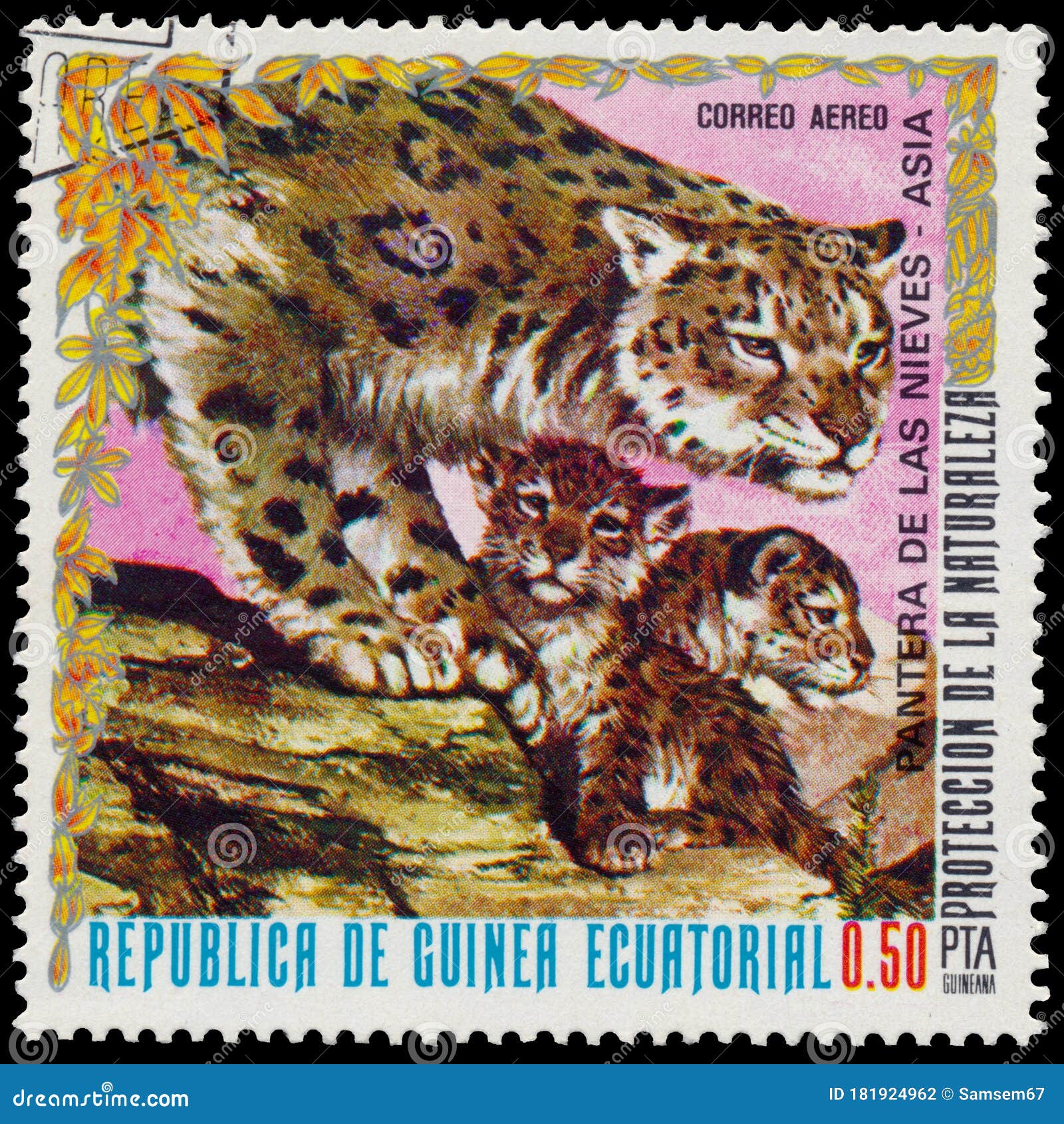 Stamp Printed In The Equatorial Guinea Shows Snow Leopard Editorial