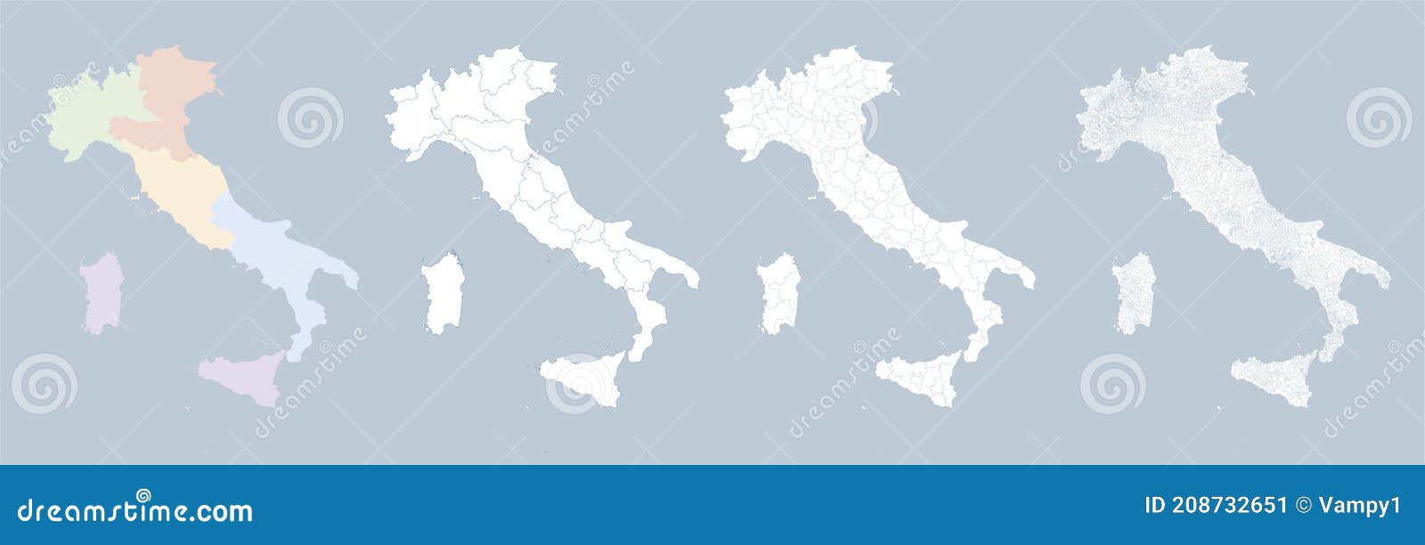 italy map division by zones regions provinces and municipalities. closed and perfectly editable polygons