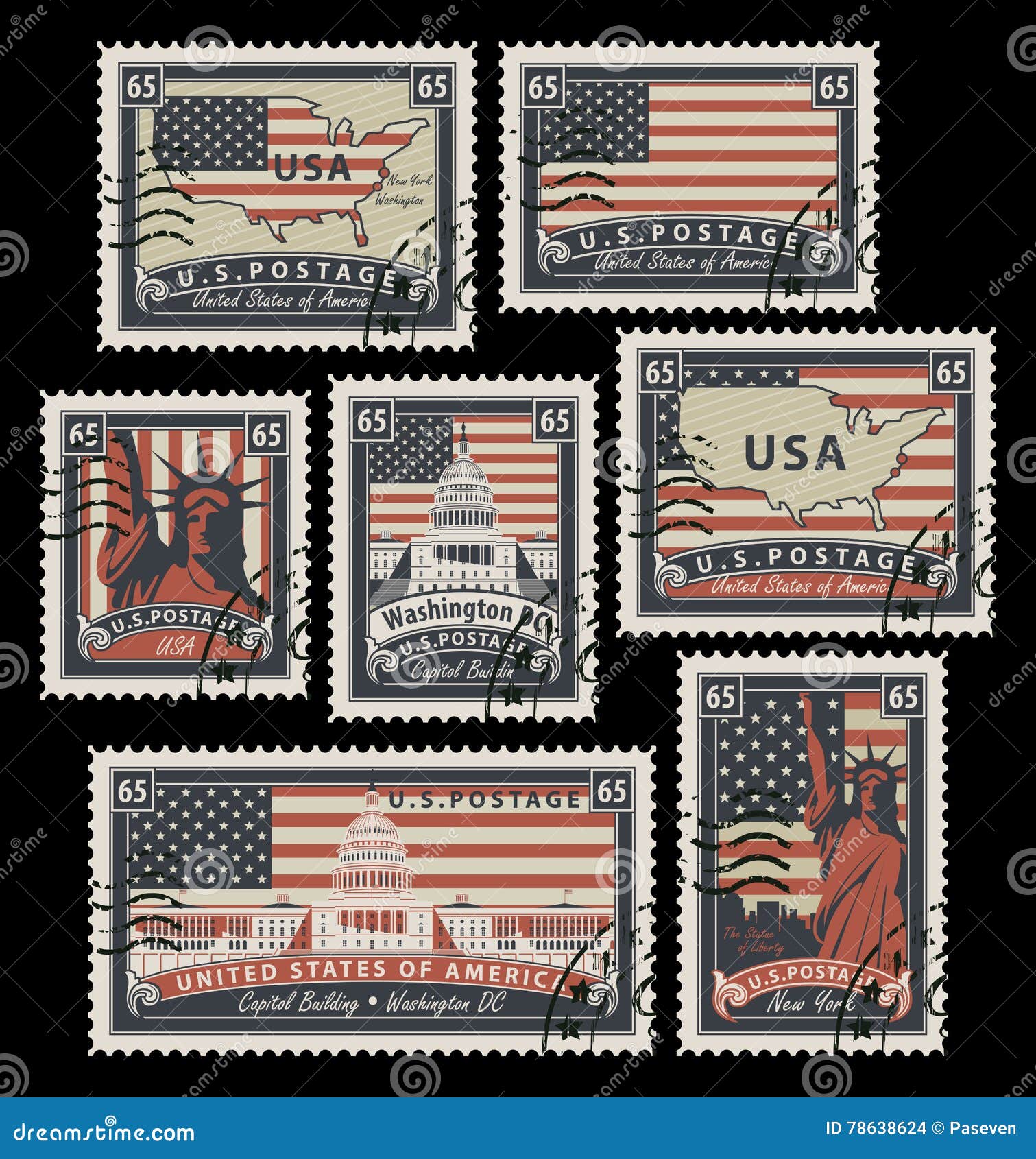 Stamps with America Landmarks Stock Vector - Illustration of currency,  landmarks: 78638624