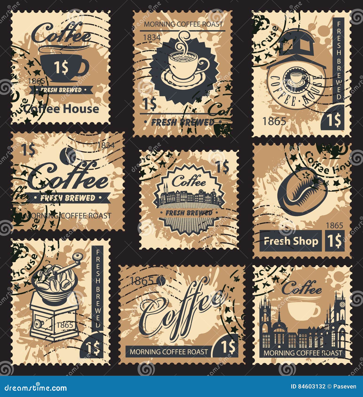 Stamps on coffee house stock vector. Illustration of mail 84603132